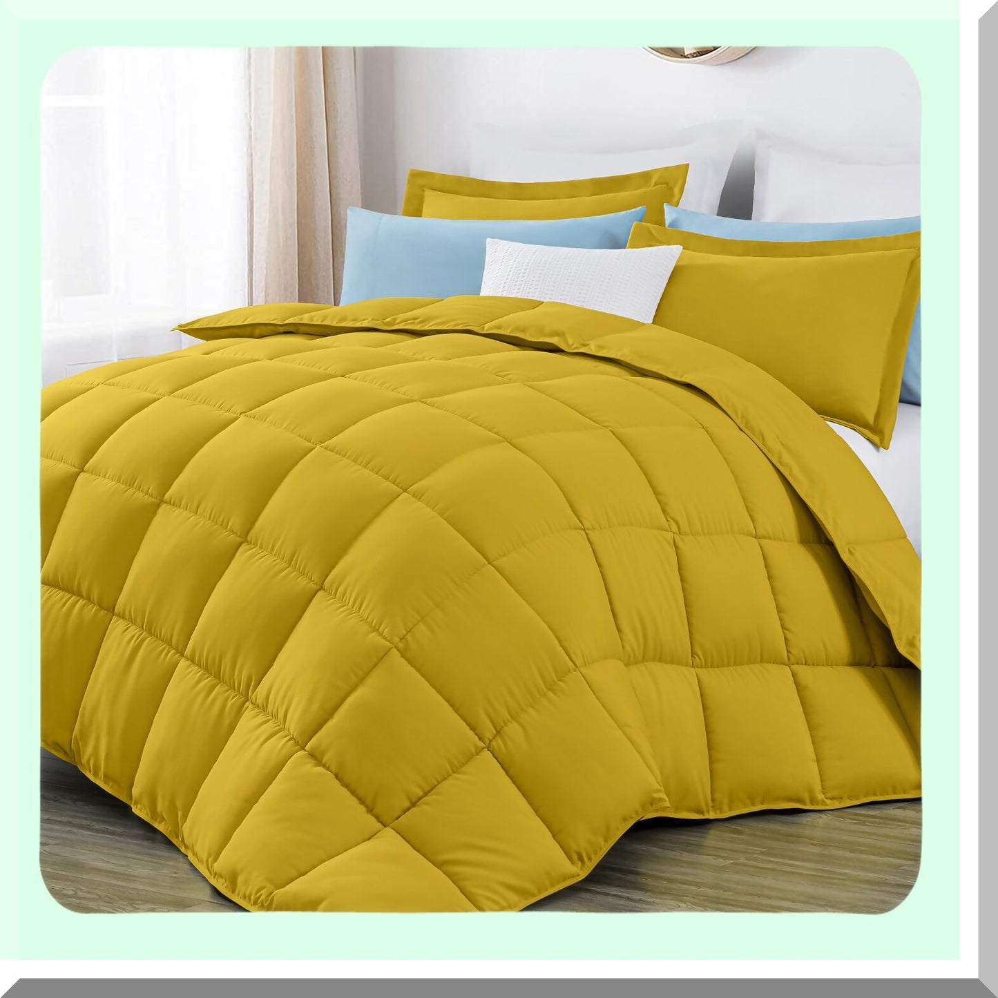 Peachy Mustard Queen Comforter Set - Lightweight 3-Piece Down Alternative Duvet Insert - Oversized 110GSM Microfiber Polyester - All Season Box Stitched w/Corner Tabs