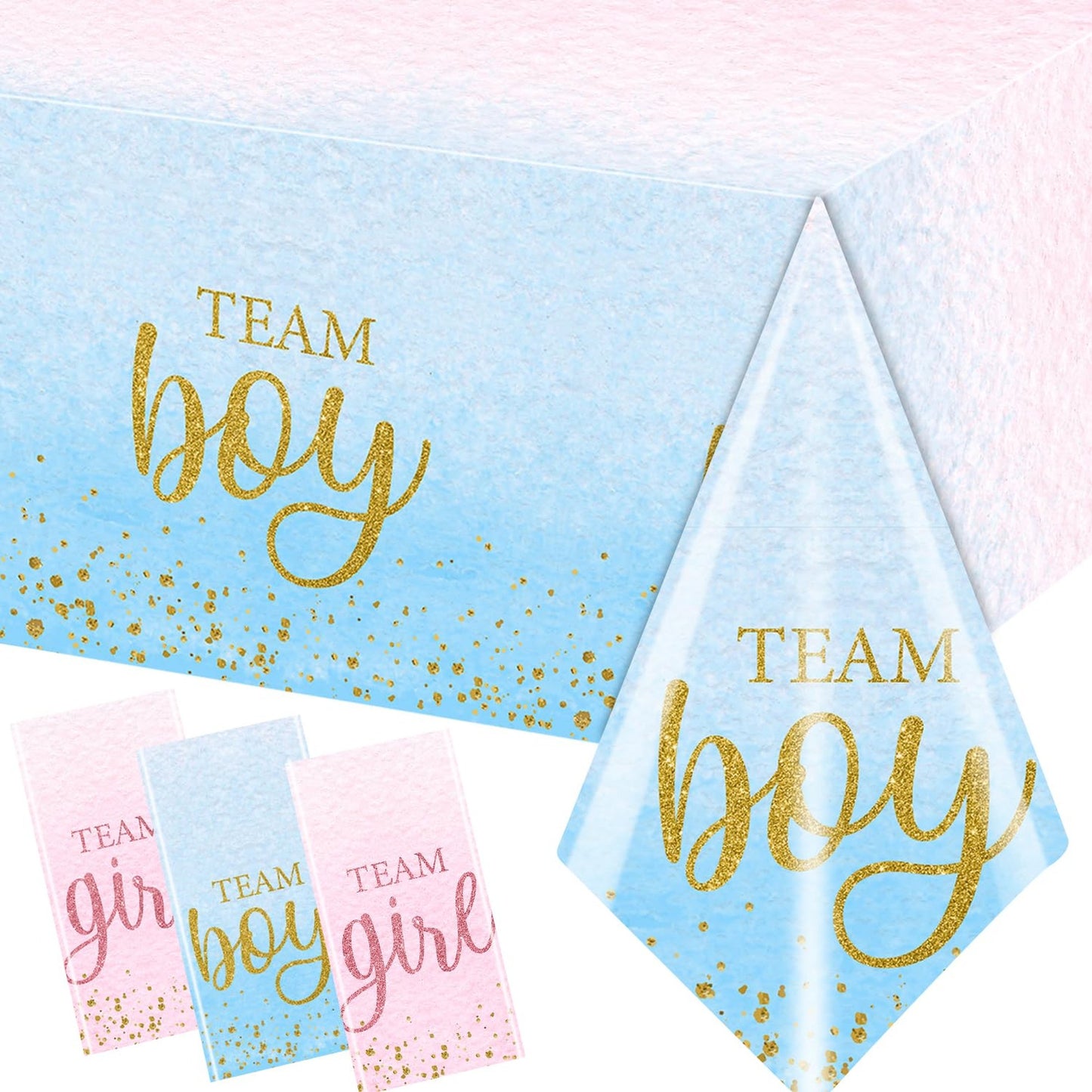 Gender Reveal Tablecover Trio - Pink Blue Plastic Table Cloth Set for Baby Shower & Birthday Party Decorations - Boy or Girl Theme Supplies