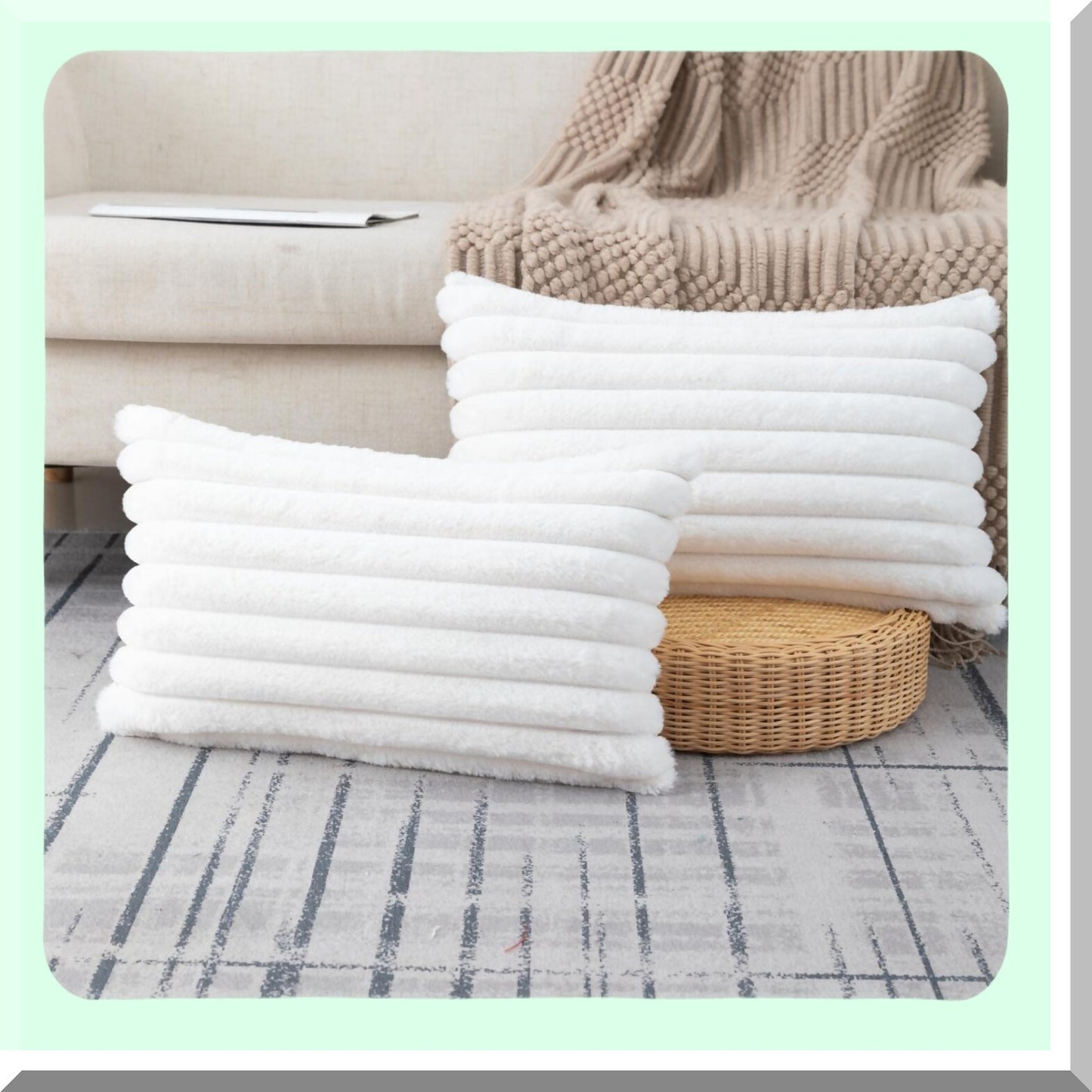 Fluffy Striped Cream White Pillowcase Set - Plush Cushion Covers for Sofa Couch & Bedroom - 12x20 Inch Throw Pillow Covers