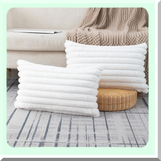 Fluffy Striped Cream White Pillowcase Set - Plush Cushion Covers for Sofa Couch & Bedroom - 12x20 Inch Throw Pillow Covers