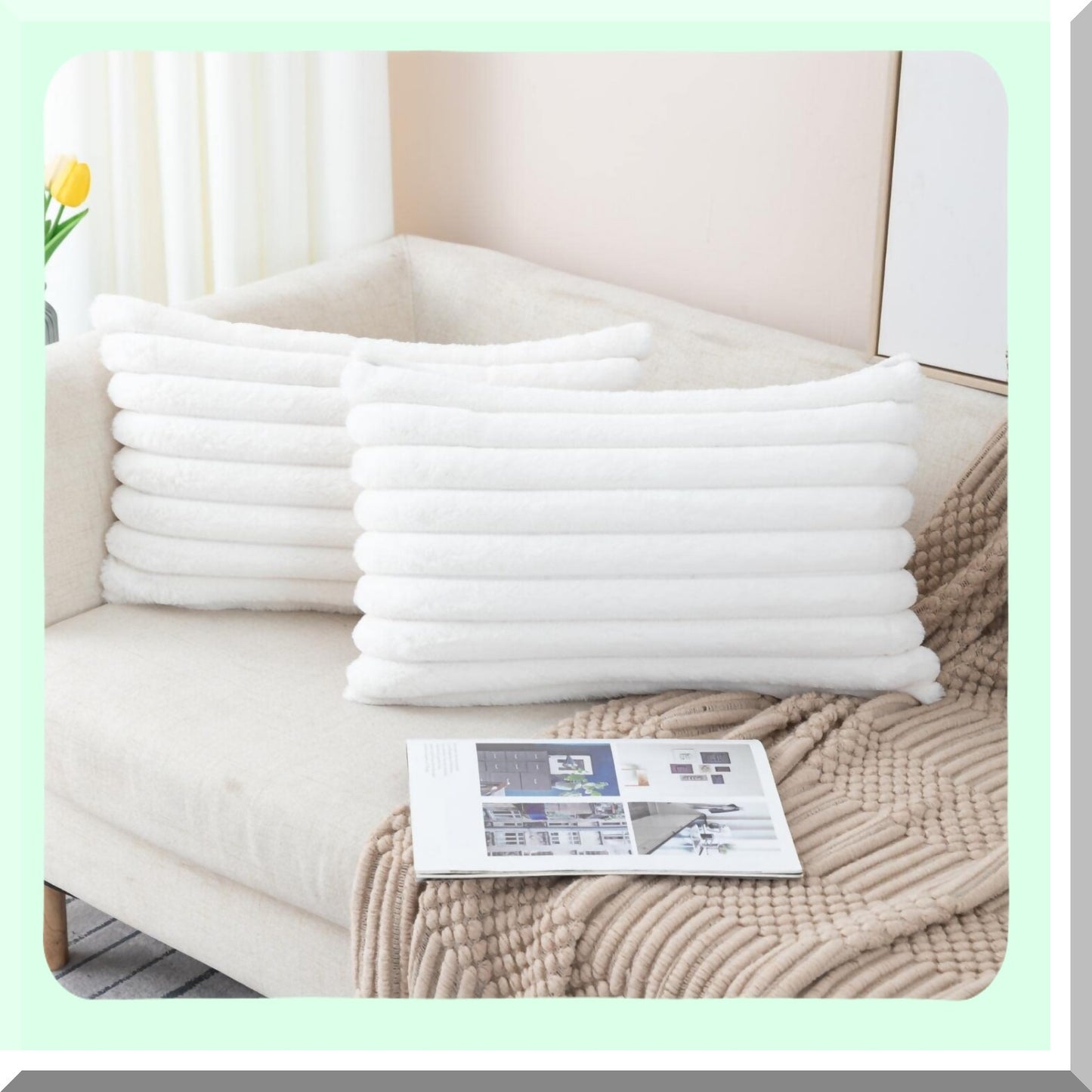 Fluffy Striped Cream White Pillowcase Set - Plush Cushion Covers for Sofa Couch & Bedroom - 12x20 Inch Throw Pillow Covers