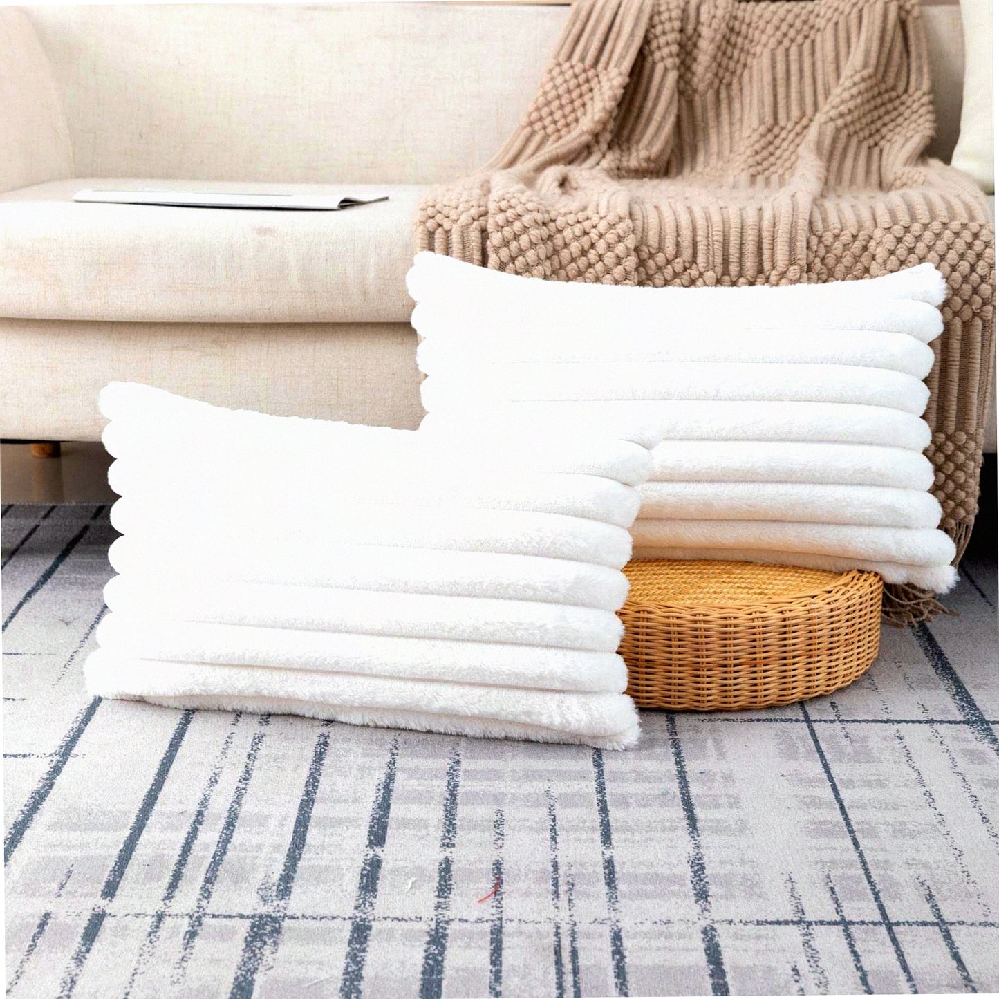 Fluffy Striped Cream White Pillowcase Set - Plush Cushion Covers for Sofa Couch & Bedroom - 12x20 Inch Throw Pillow Covers