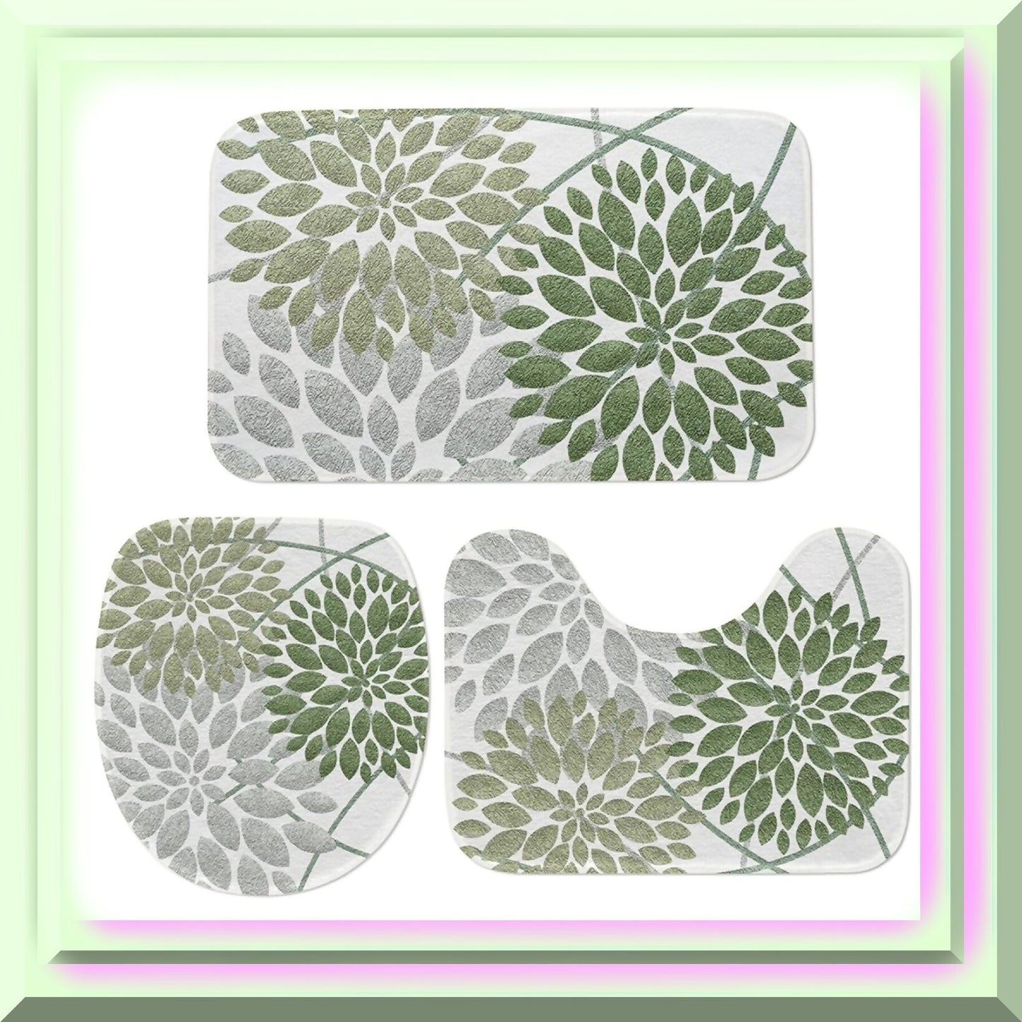 Green and Grey Dahlia 3-Piece Bath Mat Set