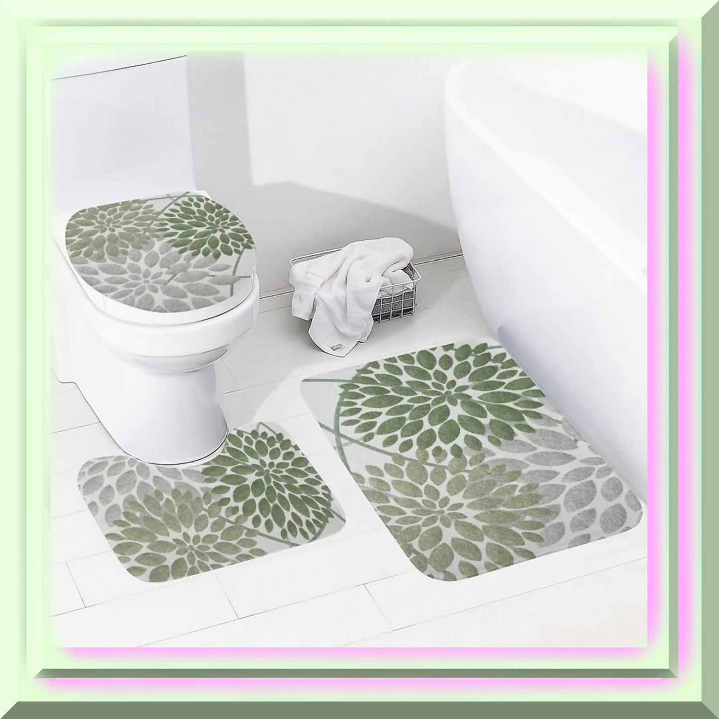 Green and Grey Dahlia 3-Piece Bath Mat Set