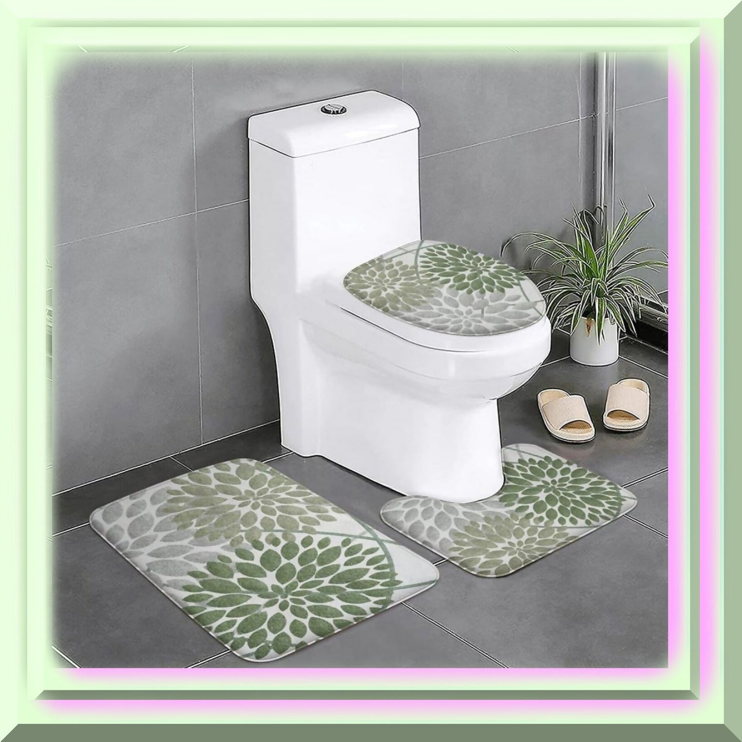 Green and Grey Dahlia 3-Piece Bath Mat Set