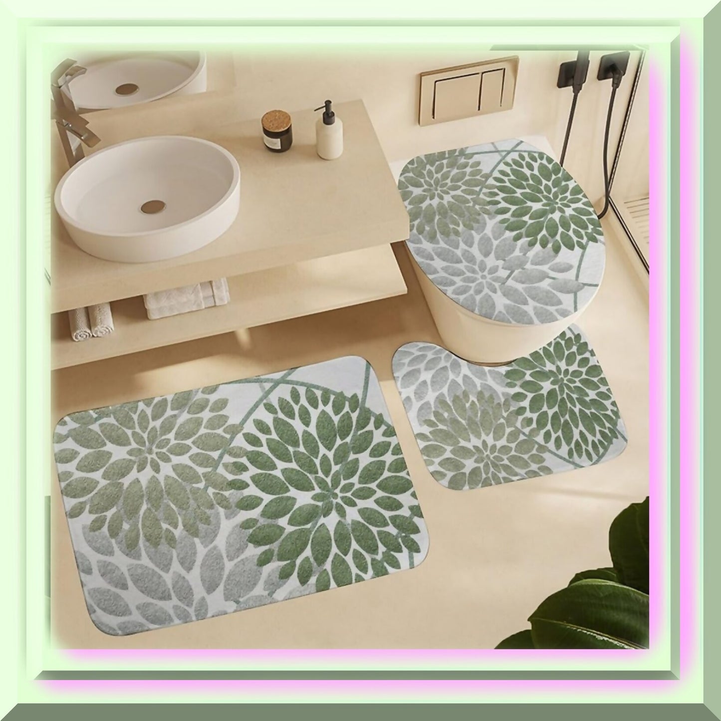 Green and Grey Dahlia 3-Piece Bath Mat Set