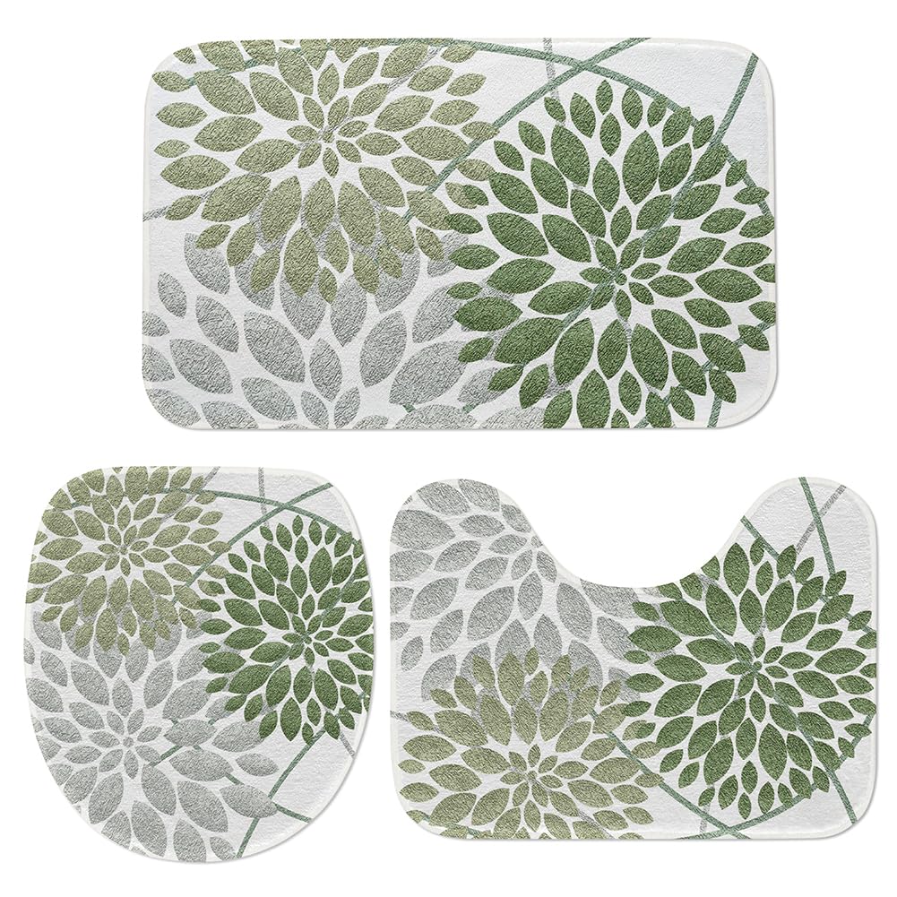 Green and Grey Dahlia 3-Piece Bath Mat Set