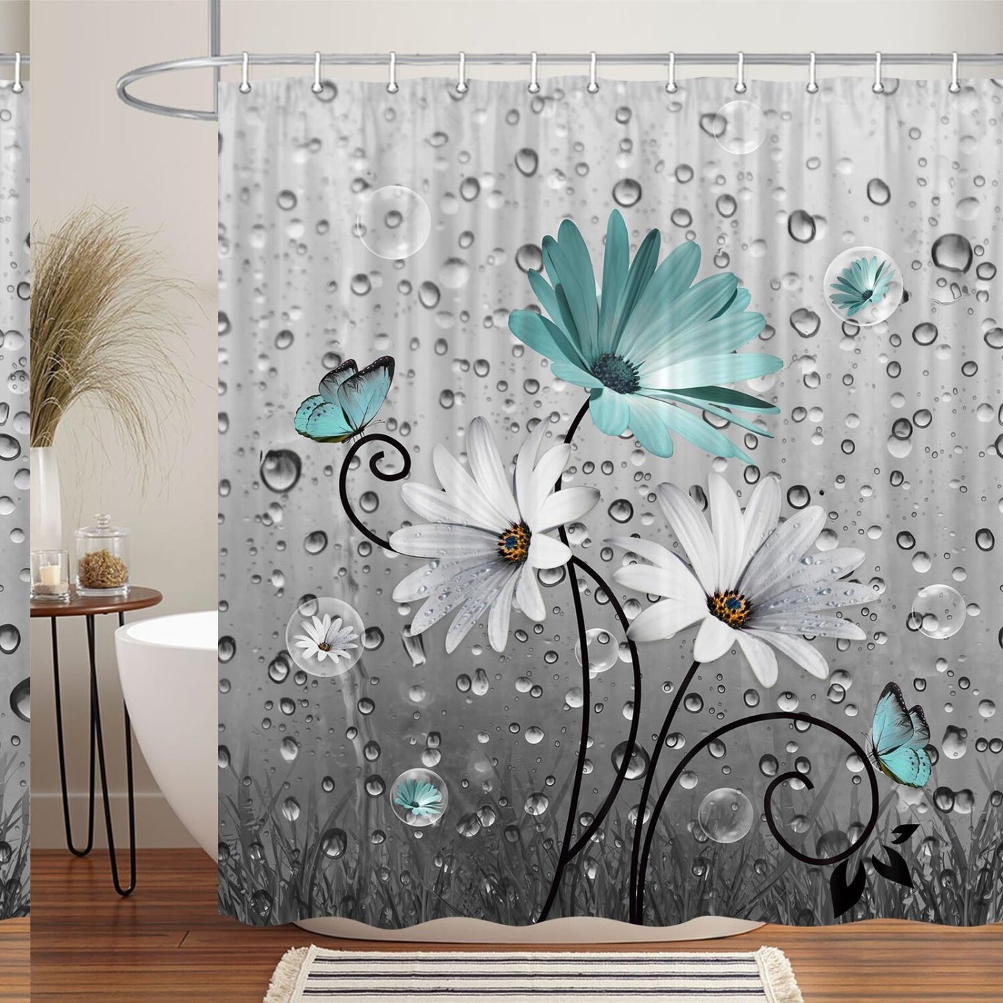 Rustic Farmhouse Teal Floral Shower Curtain 70x70in