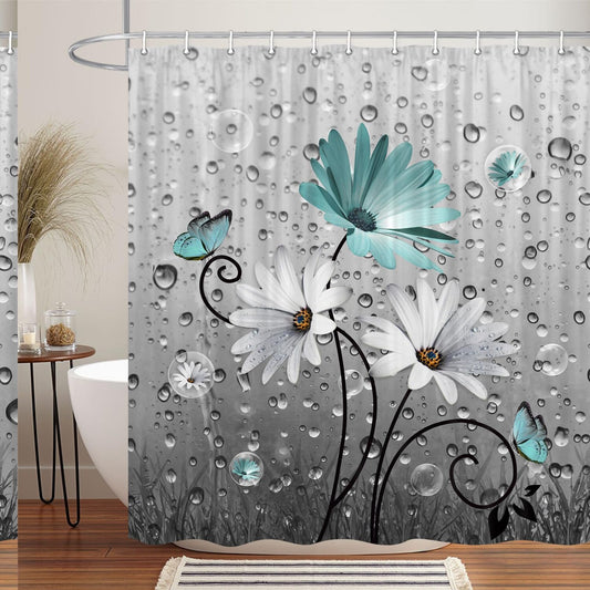 Rustic Farmhouse Teal Floral Shower Curtain 70x70in