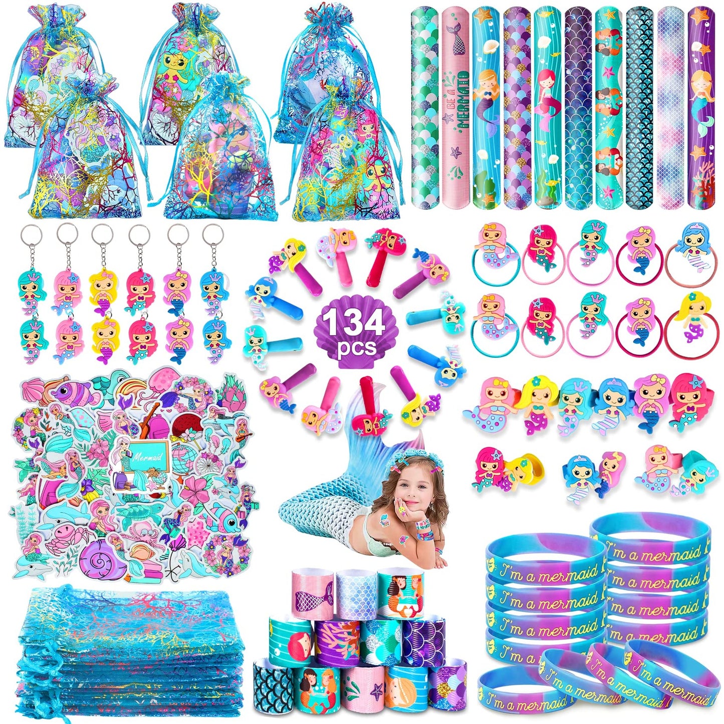 Mermaid Magic Party Pack - 128 Pcs Mermaid Themed Birthday Decorations & Toys for Girls. Includes Goodie Bag Fillers, Hair Accessories, Clroom Prizes & Pinata Stuffers.