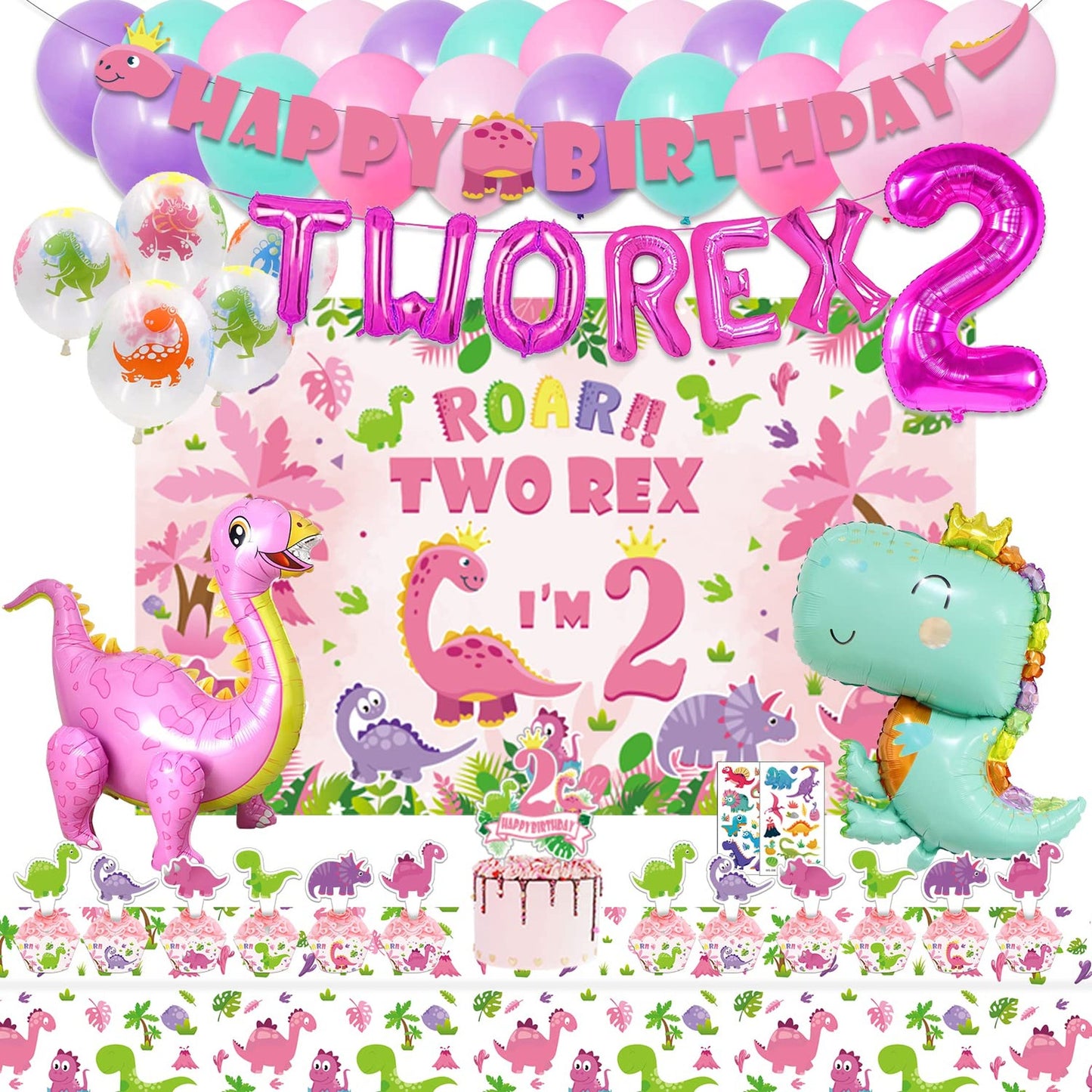 Pink Dino Party Pack for Girls - Two Rex Birthday Decor Set with Backdrop, Banner, Toppers, Wrappers, Balloons, Tablecloth - 2 Year Old Girl's Celebration Kit