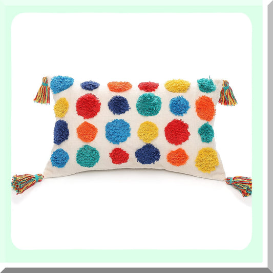 Colorful Boho Pom Pom Tufted Lumbar Throw Pillow Cover - Cream Chenille Fabric - Small Accent Cushion Case for Bed Couch - 12x20 Inch - Textured Tels - 1 PC
