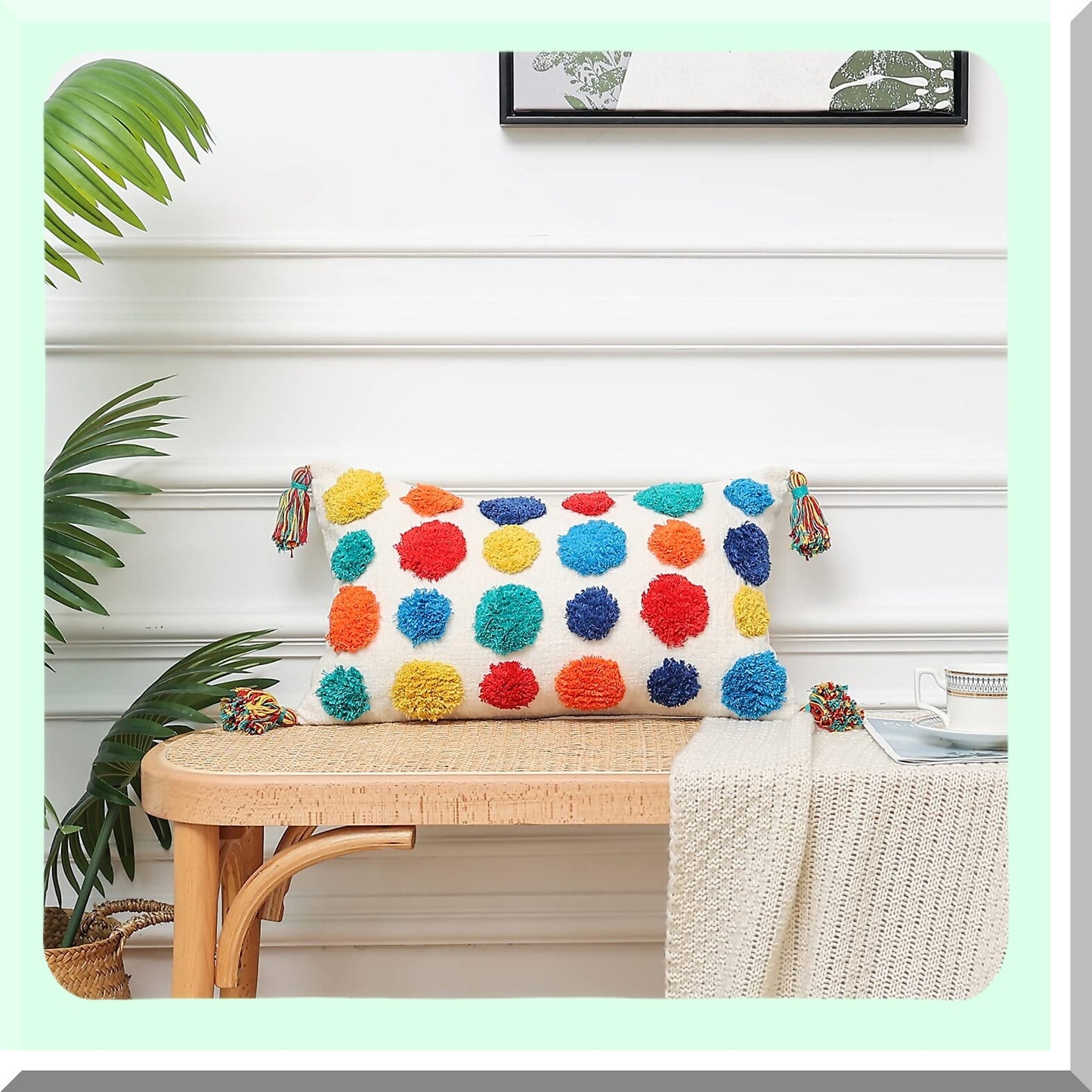 Colorful Boho Pom Pom Tufted Lumbar Throw Pillow Cover - Cream Chenille Fabric - Small Accent Cushion Case for Bed Couch - 12x20 Inch - Textured Tels - 1 PC
