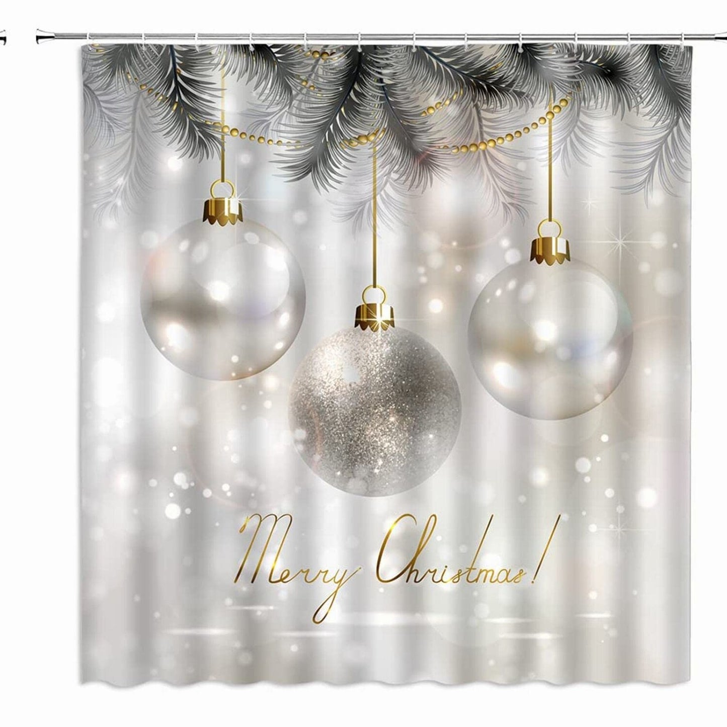 Silver Xmas Ball Pine Leaves Shower Curtain 70x70 inches