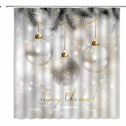 Silver Xmas Ball Pine Leaves Shower Curtain 70x70 inches