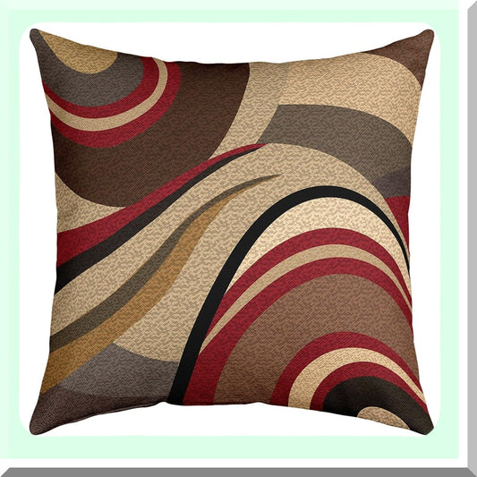 Geometric Stripe Outdoor Pillow Cover Set - Burgundy Red & Brown Grey Decor Cushion Case for Couch Sofa, Modern Art Pillowcases 18x18 Inch