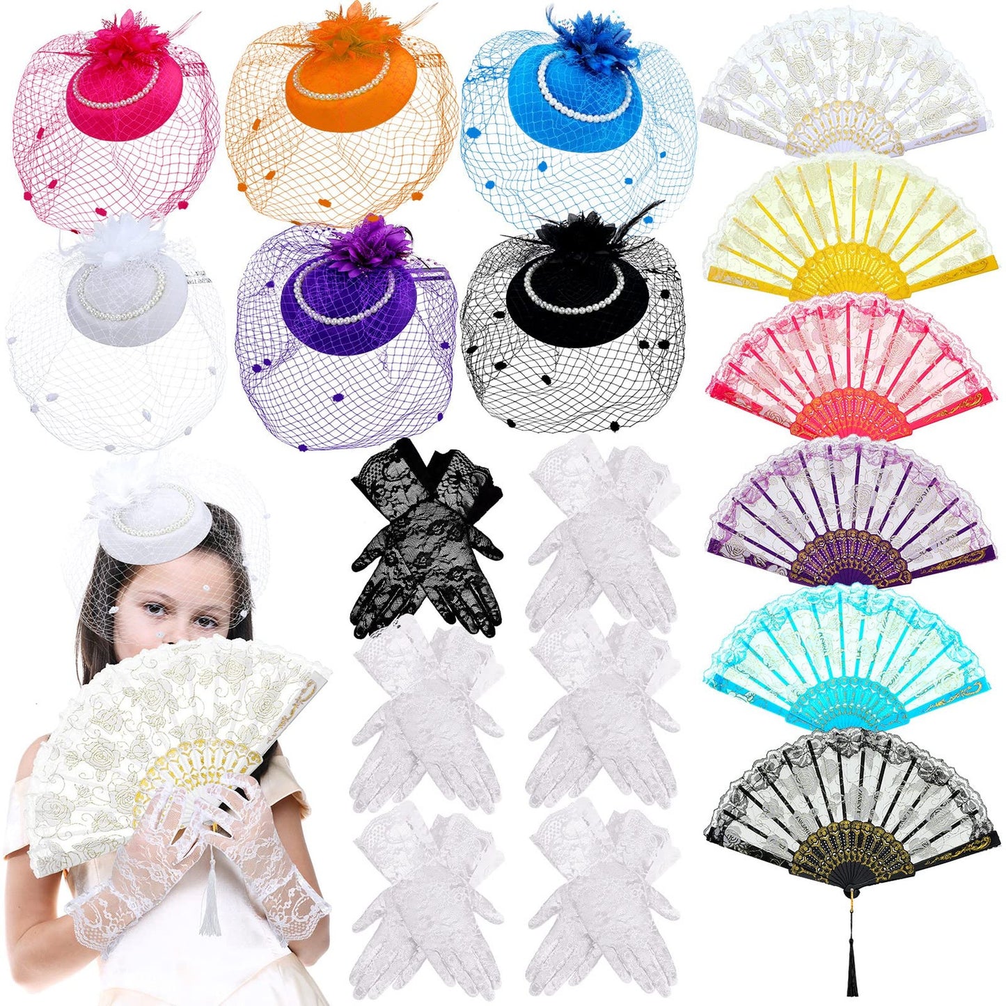 Tea Party Fun Pack - 18 Piece Set with Hats, Fans, Gloves for Girls - Lets Partea Party Favors for Kids - Tea Party Supplies and Decorations