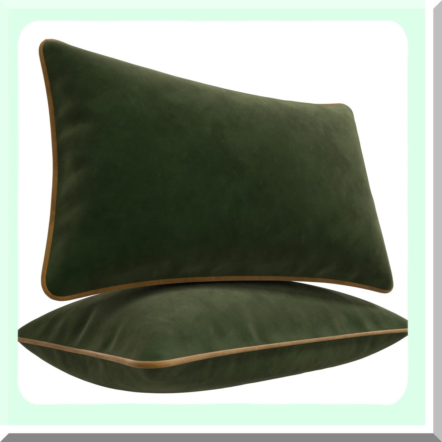 Velvet Green Pipping Edge Pillow Covers - Set of 2 Decorative Cushion Cases for 12x20in Pillows. Soft, Stylish, and Luxurious Home Decor Accent.