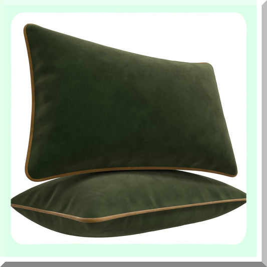 Velvet Green Pipping Edge Pillow Covers - Set of 2 Decorative Cushion Cases for 12x20in Pillows. Soft, Stylish, and Luxurious Home Decor Accent.
