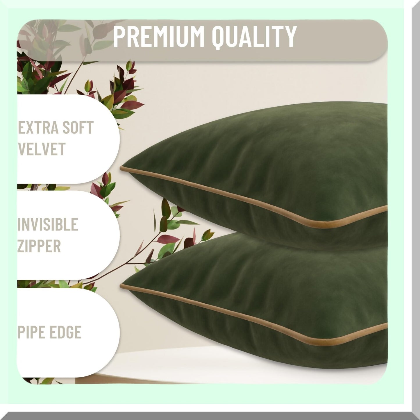Velvet Green Pipping Edge Pillow Covers - Set of 2 Decorative Cushion Cases for 12x20in Pillows. Soft, Stylish, and Luxurious Home Decor Accent.