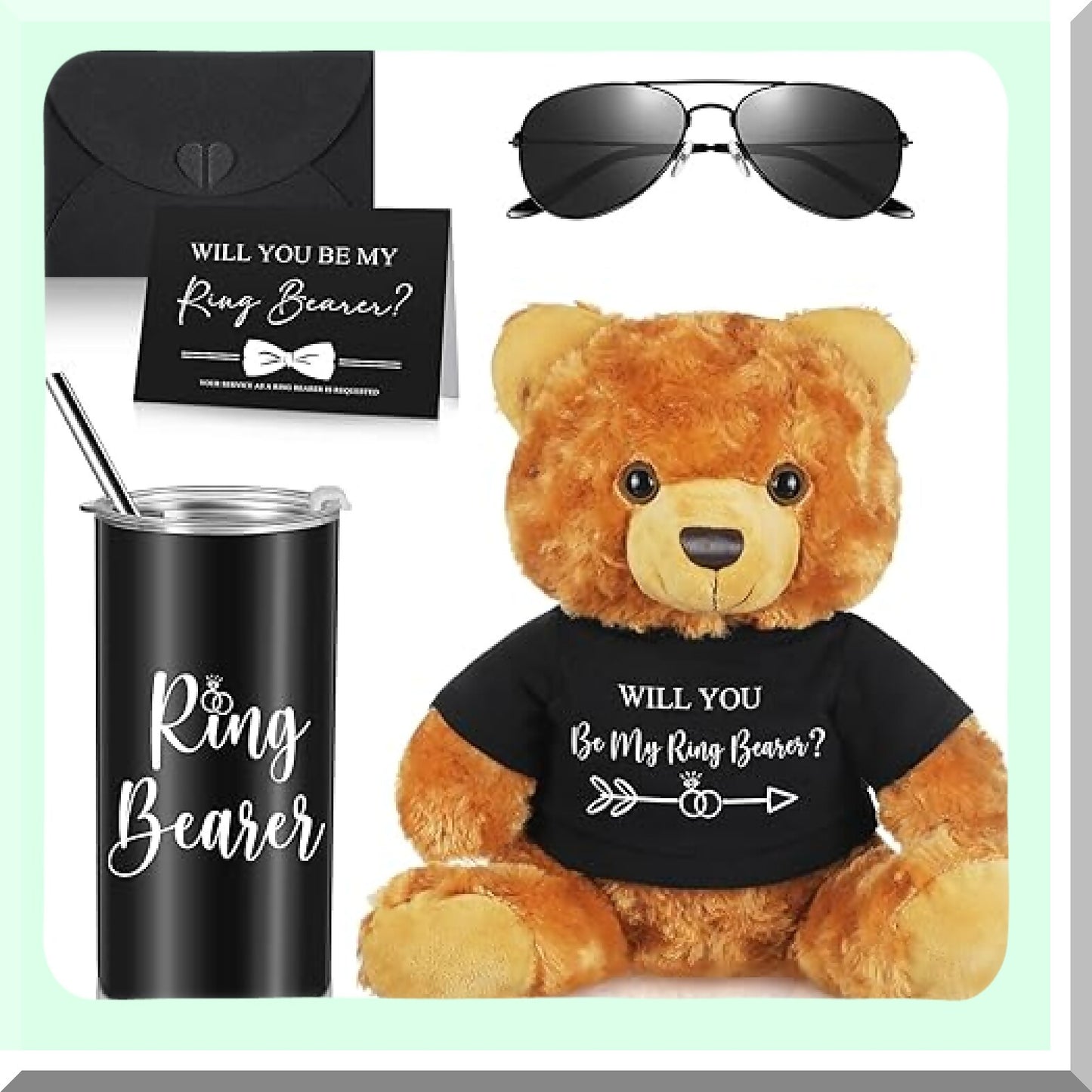 Wedding Ring Bearer Gifts Set with Tumbler, Plush Bear and Accessories