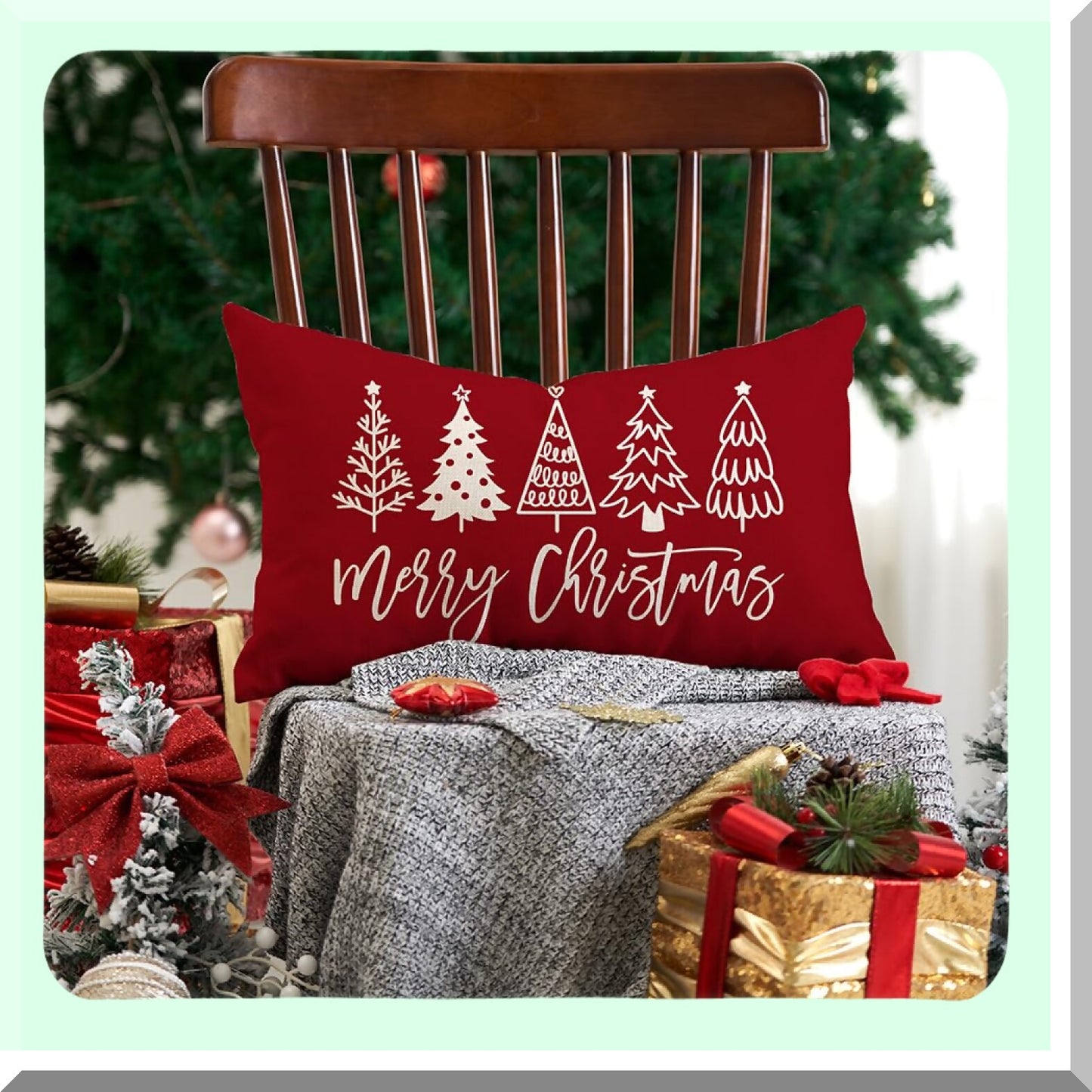 Winter Wonderland Tree Pillow Covers - Festive 12x20 Inch Red Throw Pillows for Home Decor, Cozy Couch Accessories - Style 143B