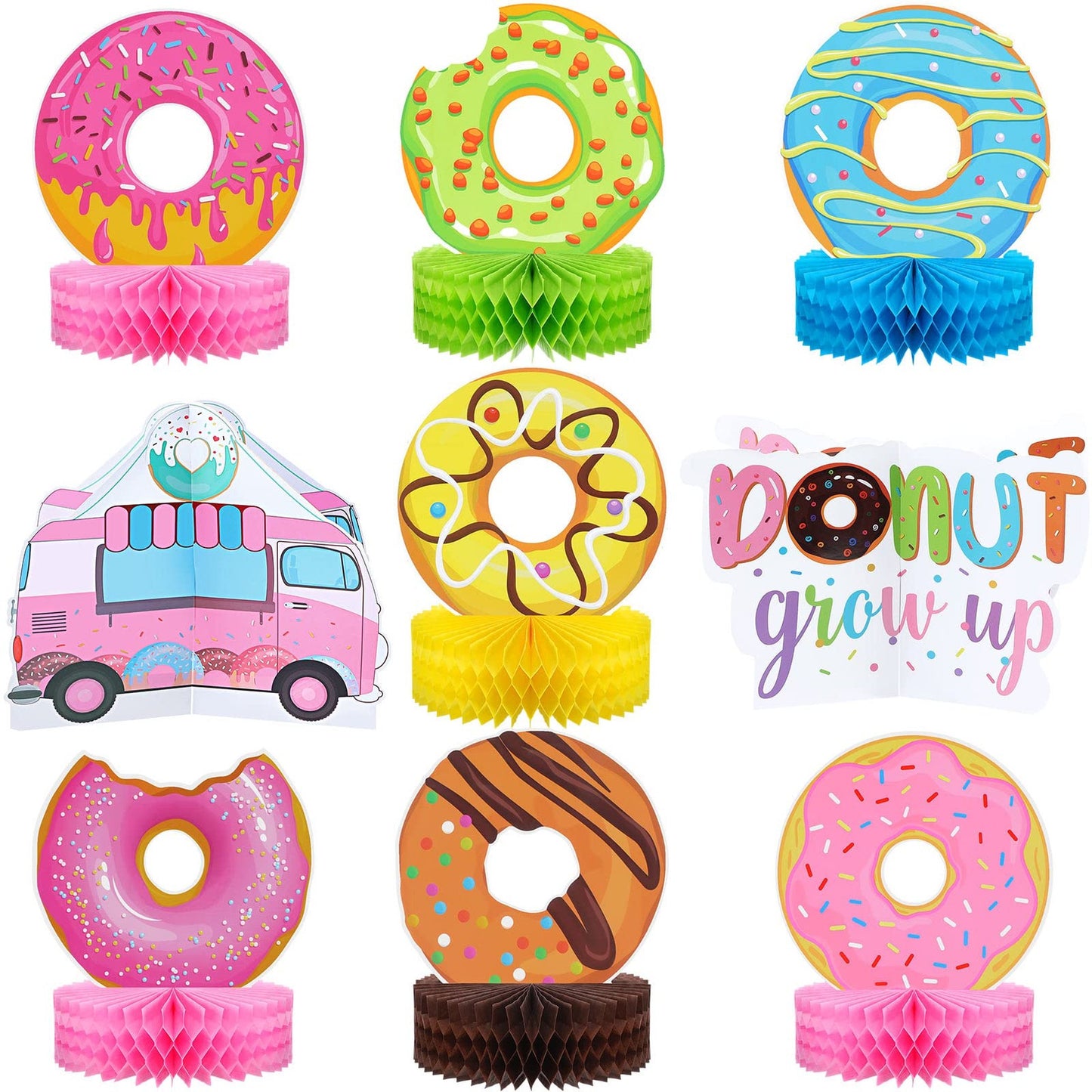 Donut Dream Party Pack - Colorful Honeycomb Centerpieces for Kids Girls Birthday & Baby Shower Decorations - 9 Pcs Table Decor Kit
