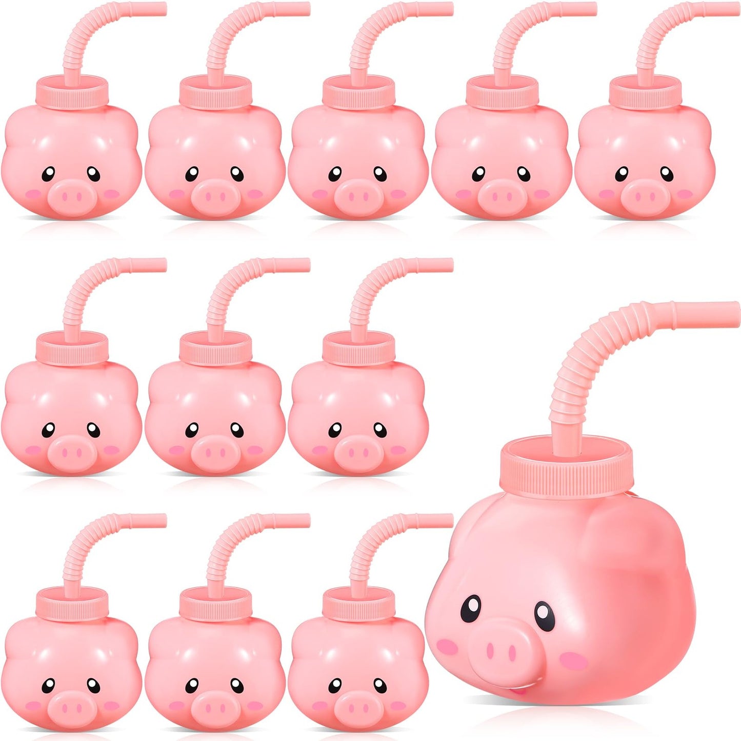 Farm Fun Sippy Set - 12 Reusable Cups with Straws & Lids, 11 oz Plastic Themed Cups for Kids Birthday Party, Pig Farm Theme Supplies