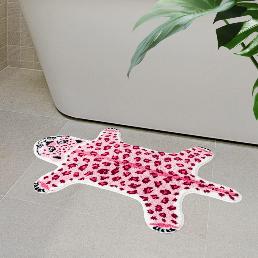 Pink Leopard Bath Mat 23.6x39.3in Non Slip Absorbent