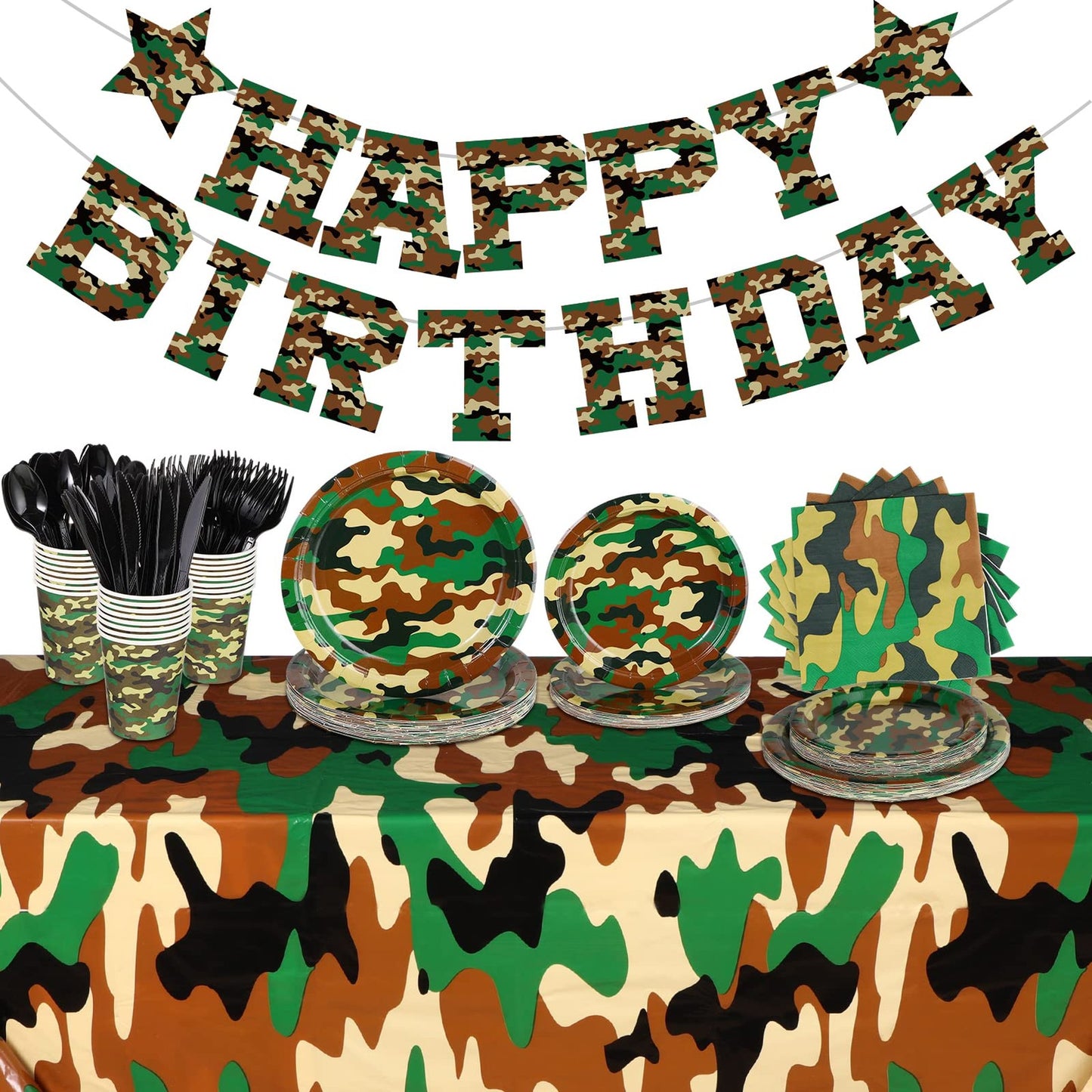 Camo Commando Party Pack - 171 Piece Camouflage Themed Supplies Set for Army Military Birthday Celebration - Serves 24 Guests with Tableware & Decor