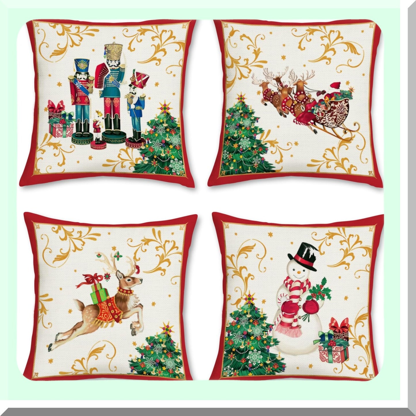 Winter Wonderland Holiday Pillow Covers - Set of 4 Nutcracker Claus Snowman Reindeer Decorative Pillows for Sofa Couch - 18 x 18 Inch Festive Decor