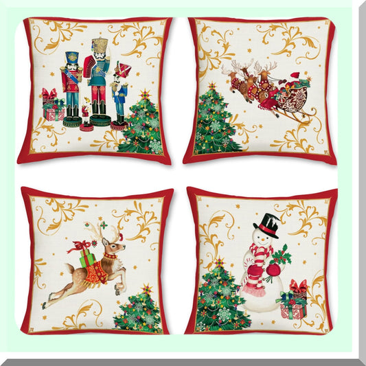 Winter Wonderland Holiday Pillow Covers - Set of 4 Nutcracker Claus Snowman Reindeer Decorative Pillows for Sofa Couch - 18 x 18 Inch Festive Decor