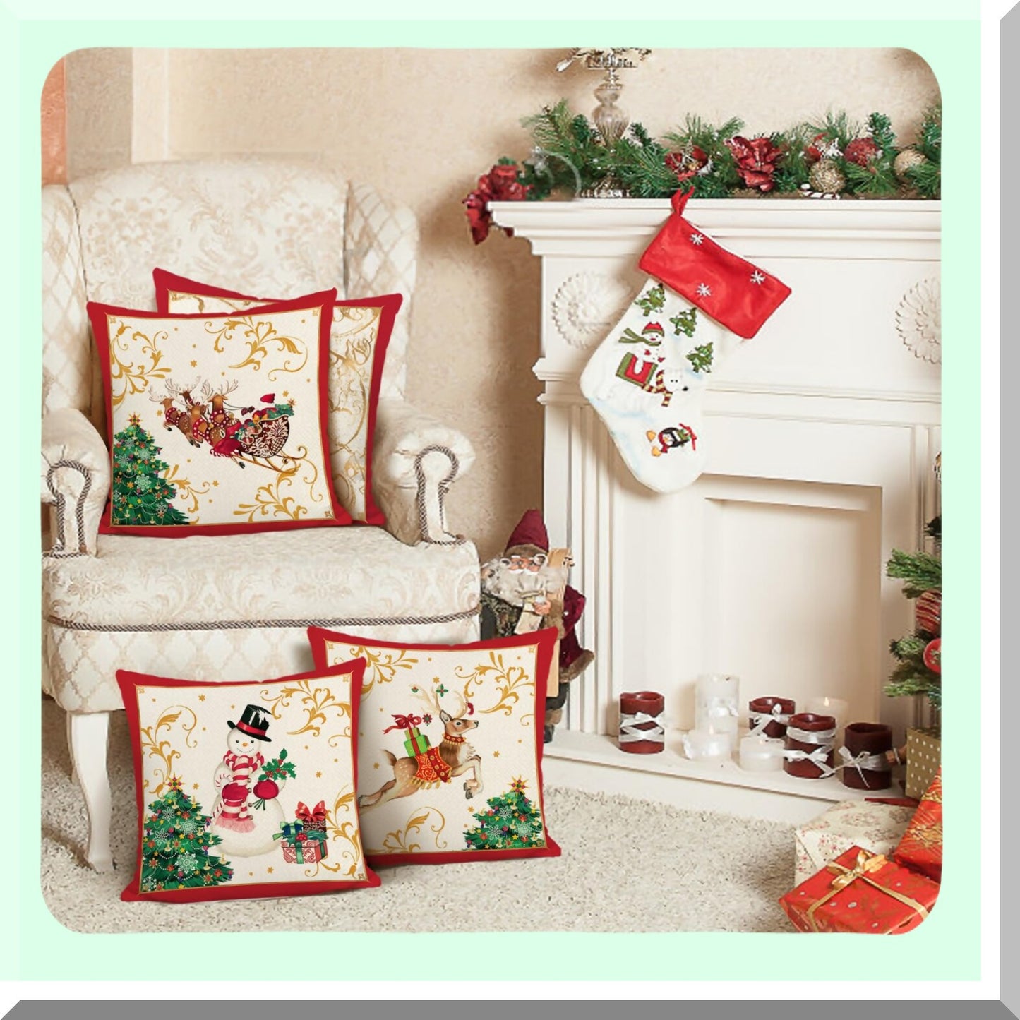 Winter Wonderland Holiday Pillow Covers - Set of 4 Nutcracker Claus Snowman Reindeer Decorative Pillows for Sofa Couch - 18 x 18 Inch Festive Decor