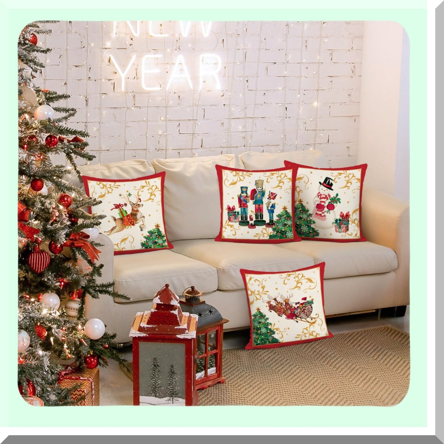 Winter Wonderland Holiday Pillow Covers - Set of 4 Nutcracker Claus Snowman Reindeer Decorative Pillows for Sofa Couch - 18 x 18 Inch Festive Decor