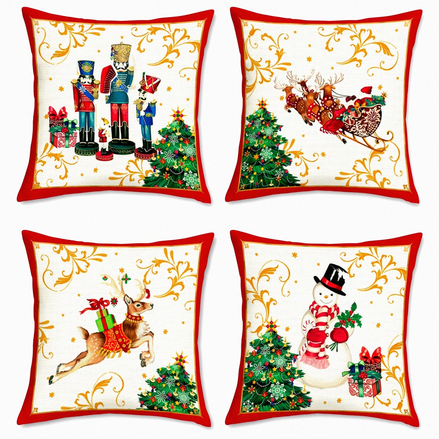 Winter Wonderland Holiday Pillow Covers - Set of 4 Nutcracker Claus Snowman Reindeer Decorative Pillows for Sofa Couch - 18 x 18 Inch Festive Decor
