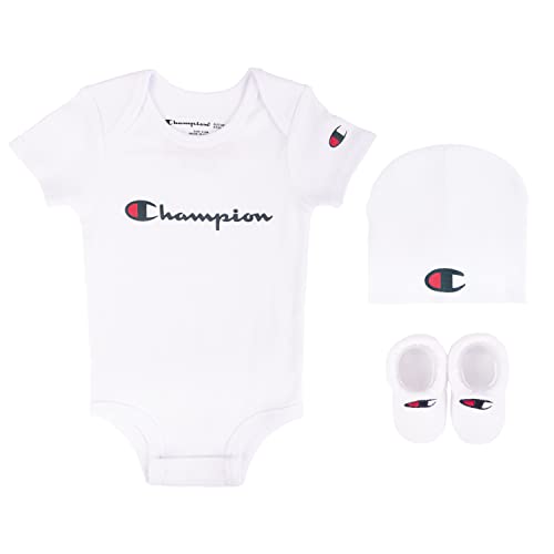 Baby Logo Script Infant 3-Piece Box Includes a Body Suit, a hat and Pair of Booties in Multiple Colors, ClassicScript-White 100, 0-6