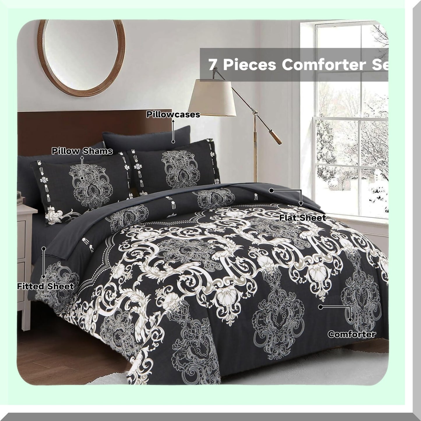 Boho Paisley Damask 7-Piece Queen Size Comforter Set - Soft Microfiber Bedding with Sheets - All Season Complete Bed in a Bag - 90''x90'