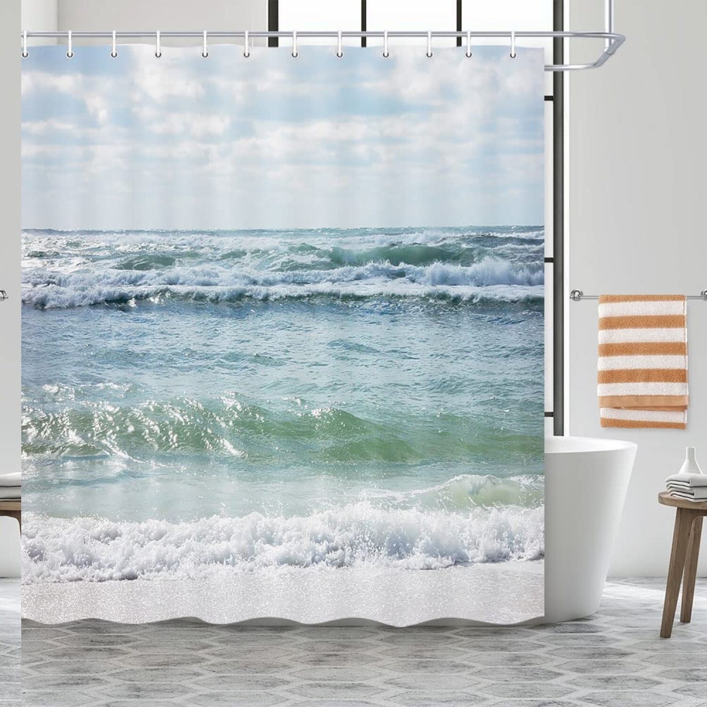 Blue and White Ocean Beach Fabric Shower Curtain 72x72in