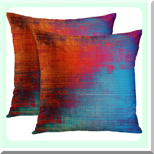 Rustic Abstract Vintage Pillow Covers - Set of 2 Orange Red Blue Messy Painting Decorative Cases for Home Decor - Standard 18x18 Inches Square Pillowcases