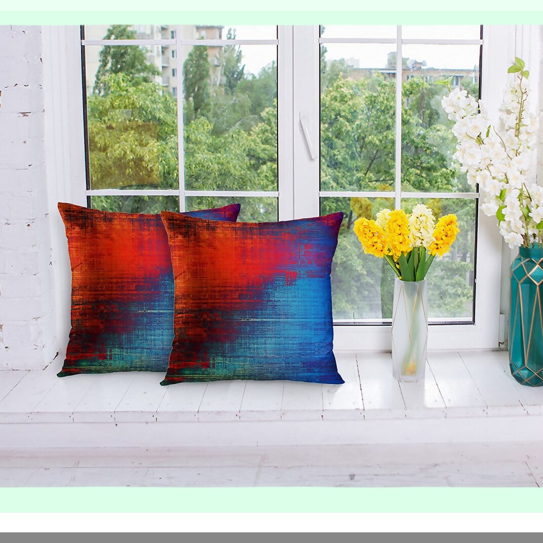 Rustic Abstract Vintage Pillow Covers - Set of 2 Orange Red Blue Messy Painting Decorative Cases for Home Decor - Standard 18x18 Inches Square Pillowcases