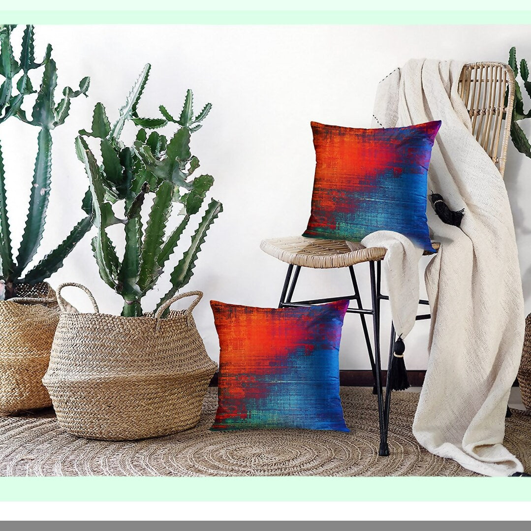 Rustic Abstract Vintage Pillow Covers - Set of 2 Orange Red Blue Messy Painting Decorative Cases for Home Decor - Standard 18x18 Inches Square Pillowcases