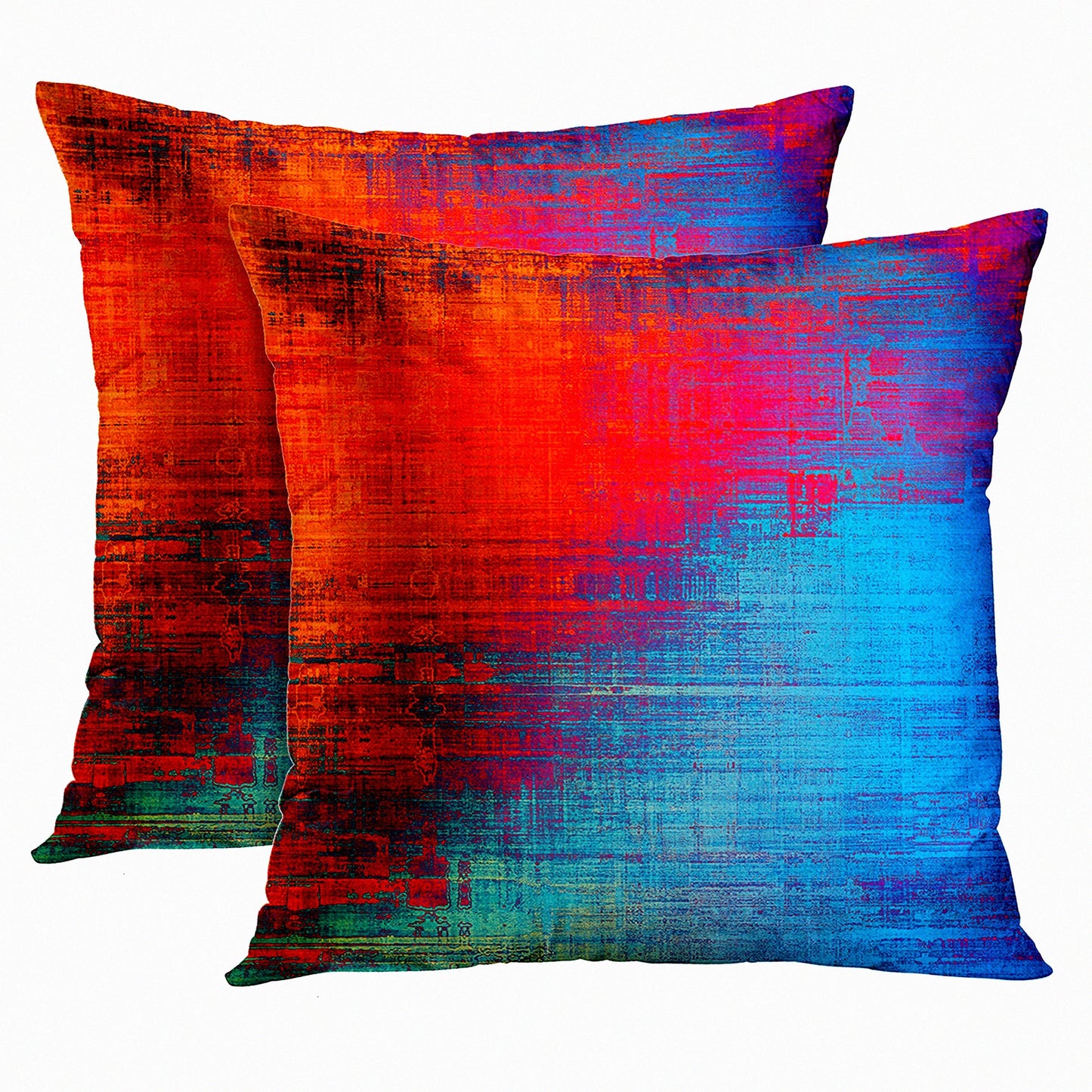 Rustic Abstract Vintage Pillow Covers - Set of 2 Orange Red Blue Messy Painting Decorative Cases for Home Decor - Standard 18x18 Inches Square Pillowcases