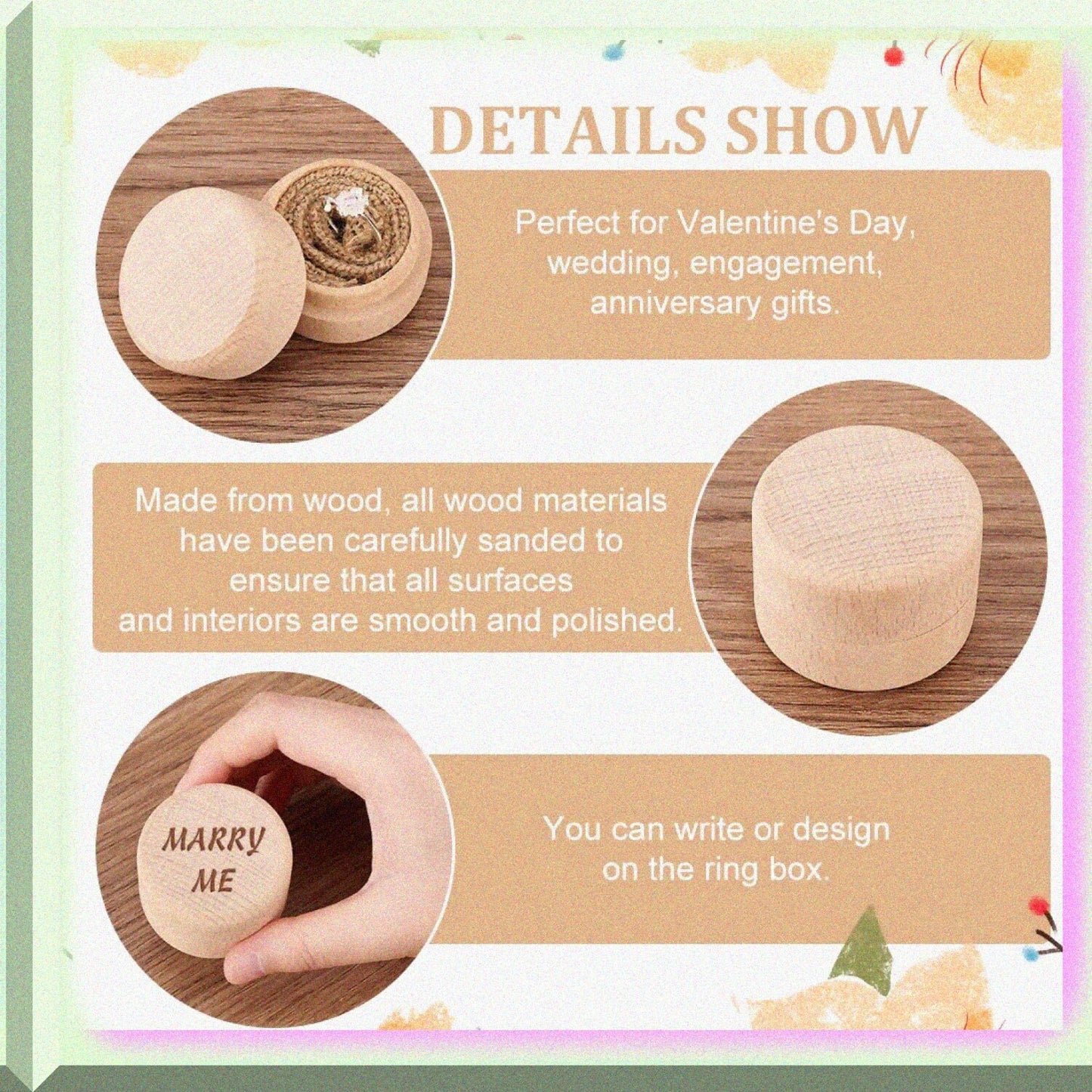 3 Pcs Mini Round Wooden Jewelry Boxes 1.8x1.4 Inch