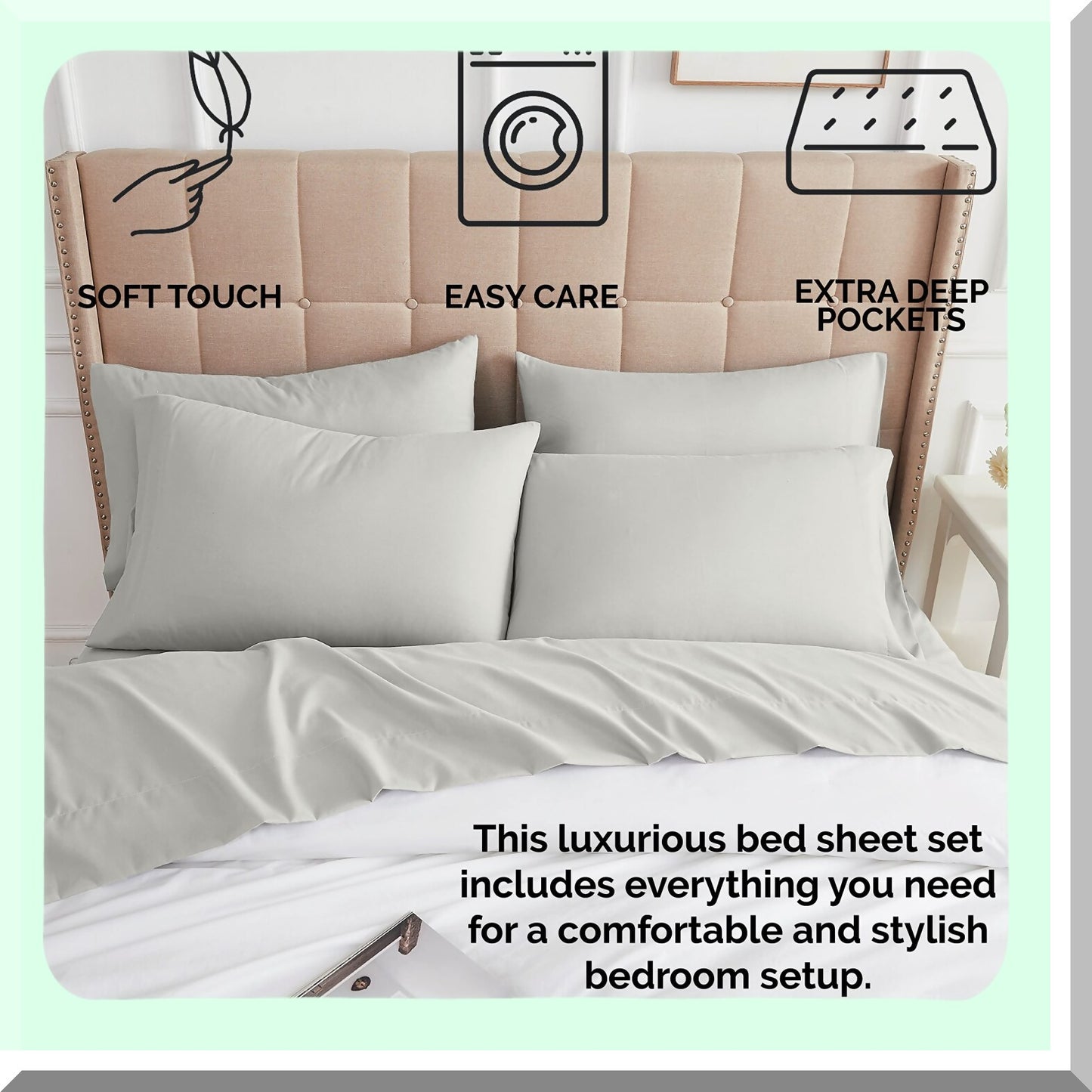 Extra Deep Pocket Twin XL 4-Piece Bed Sheet Set - Premium Quality Light Grey College Dorm Room Sheets with Two Pillowcases - Easy Care Twin XL Sheet Set