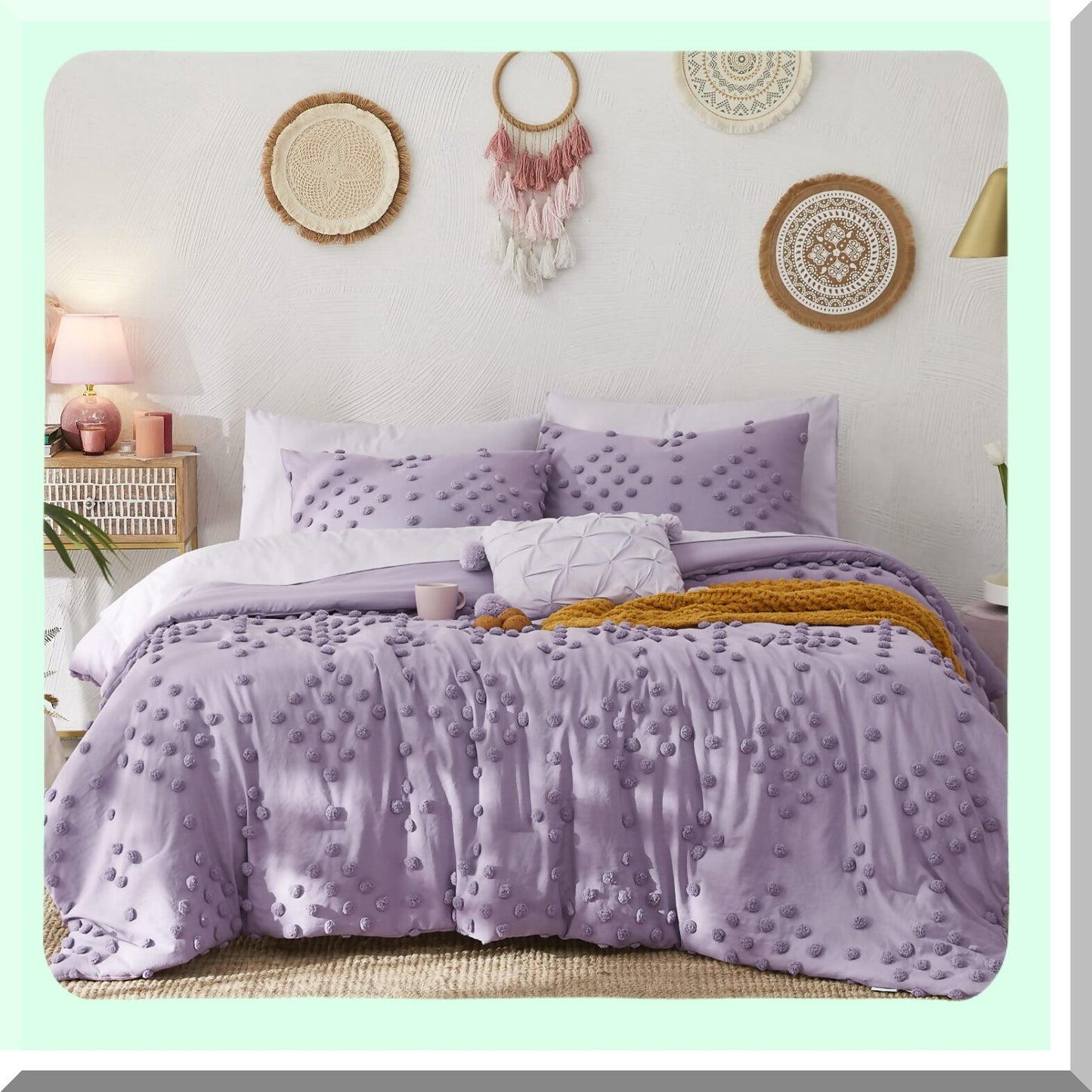 Purple Pom Tufted Comforter Set - 6 Piece Bed in A Bag - Microfiber Bedding Set with Sheets, Pillowcases, Shams - All Season Down Alternative - Twin Size 66 x 86 Inches