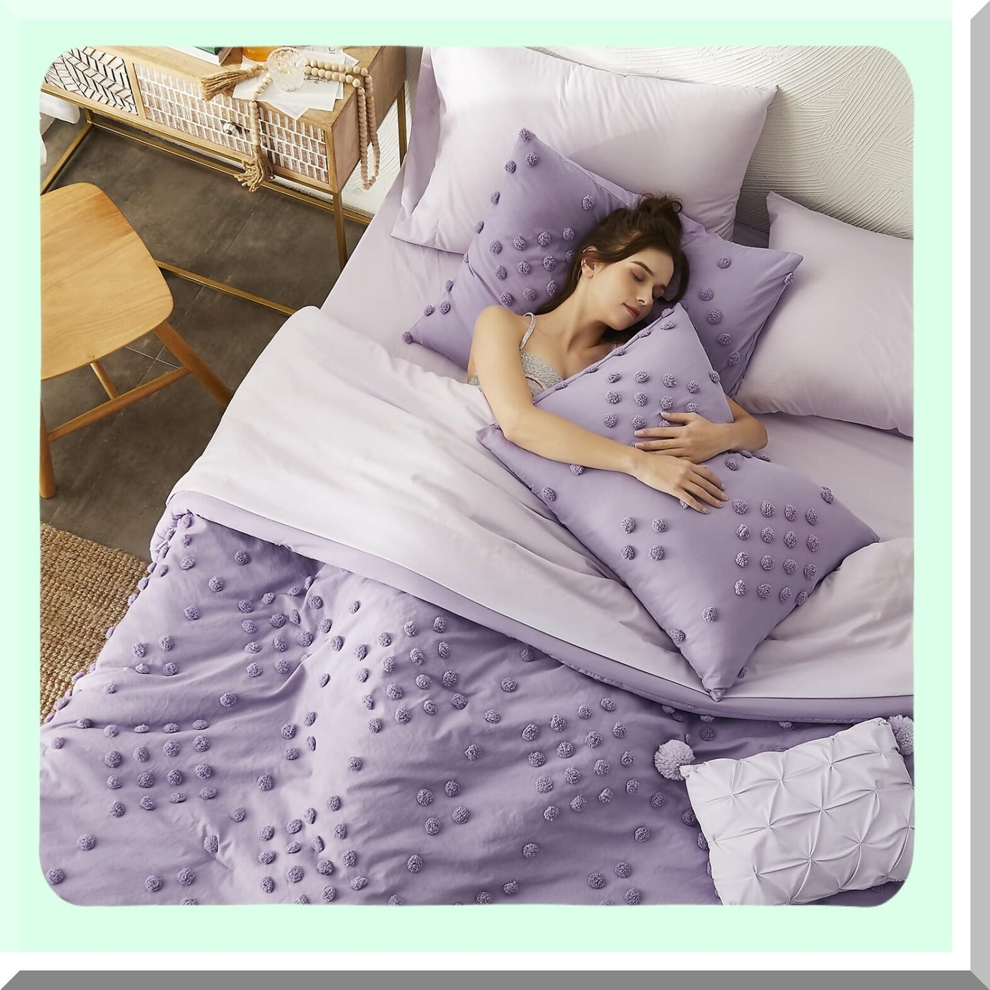 Purple Pom Tufted Comforter Set - 6 Piece Bed in A Bag - Microfiber Bedding Set with Sheets, Pillowcases, Shams - All Season Down Alternative - Twin Size 66 x 86 Inches