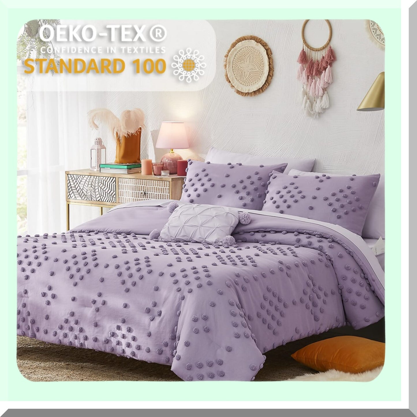 Purple Pom Tufted Comforter Set - 6 Piece Bed in A Bag - Microfiber Bedding Set with Sheets, Pillowcases, Shams - All Season Down Alternative - Twin Size 66 x 86 Inches