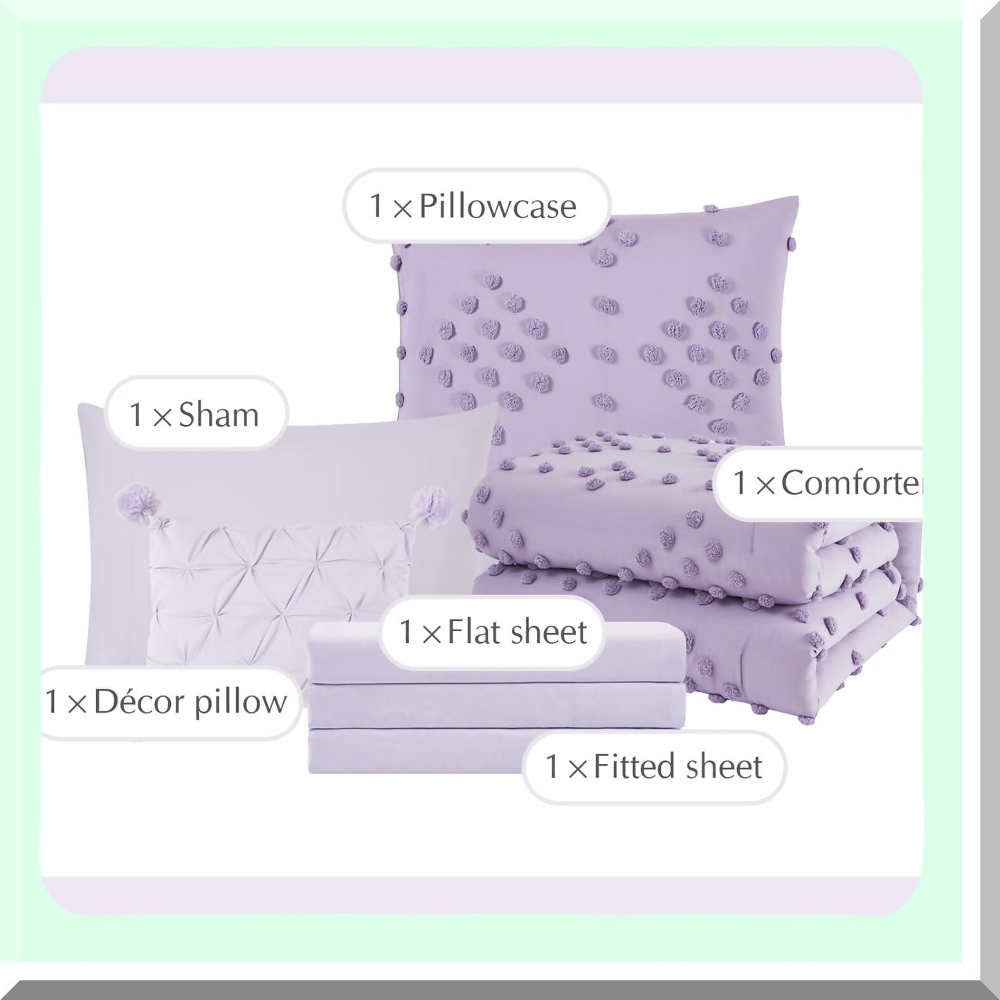 Purple Pom Tufted Comforter Set - 6 Piece Bed in A Bag - Microfiber Bedding Set with Sheets, Pillowcases, Shams - All Season Down Alternative - Twin Size 66 x 86 Inches