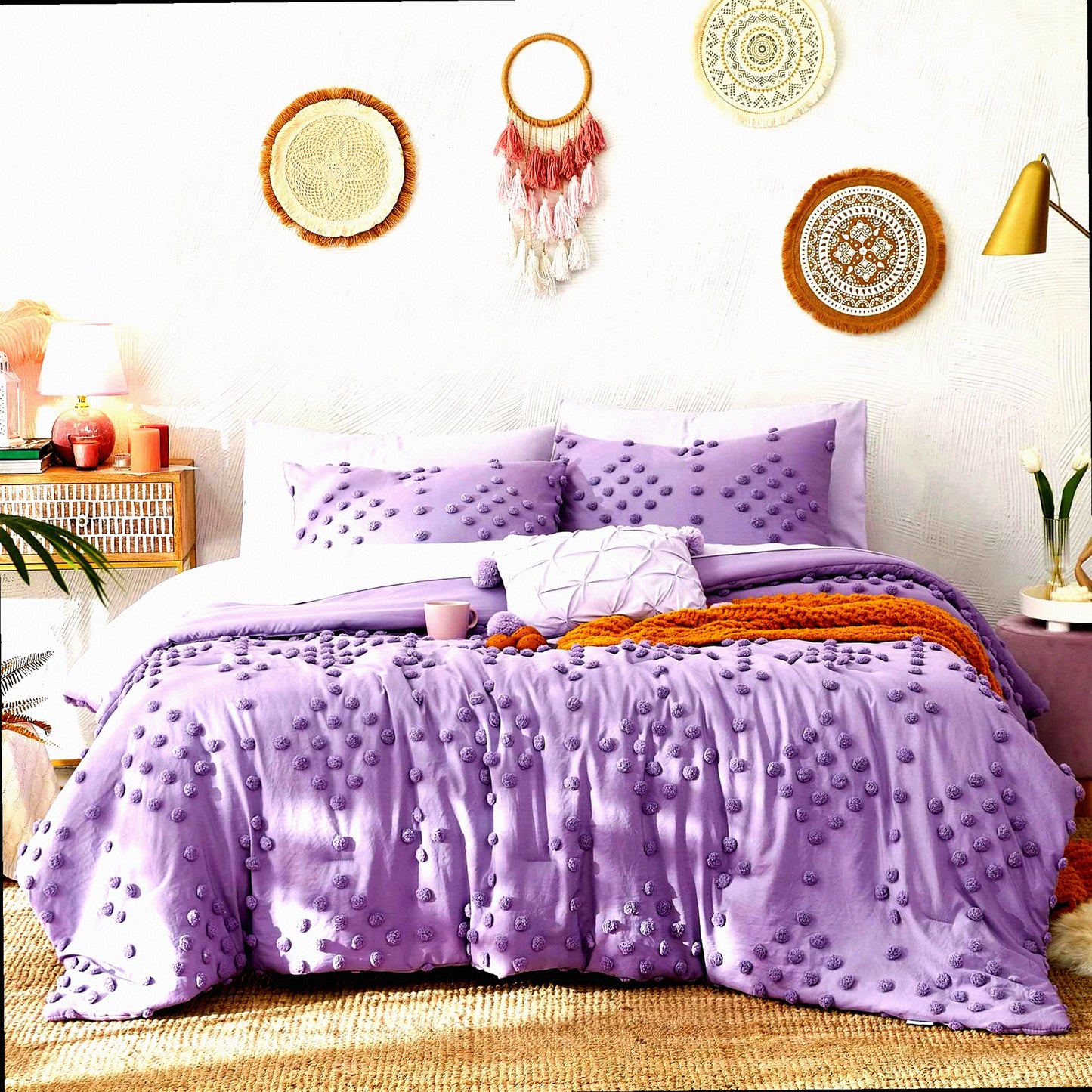 Purple Pom Tufted Comforter Set - 6 Piece Bed in A Bag - Microfiber Bedding Set with Sheets, Pillowcases, Shams - All Season Down Alternative - Twin Size 66 x 86 Inches