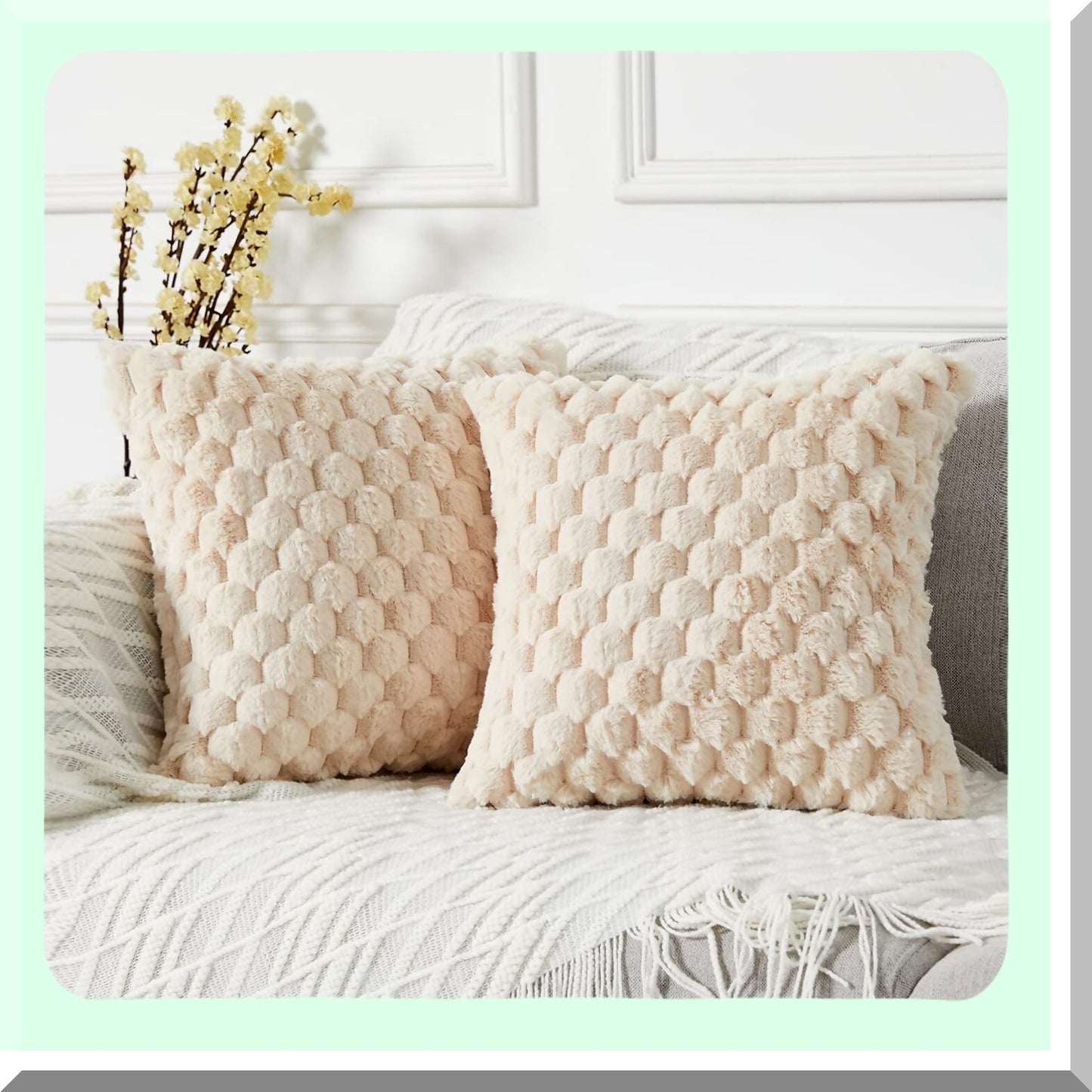 Luxury Plush Cozy Throw Pillow Covers - Set of 2 Soft Fuzzy Cushion Cover for Sofa Couch Bed - Decorative Pillowcase 20x20 Inch Beige